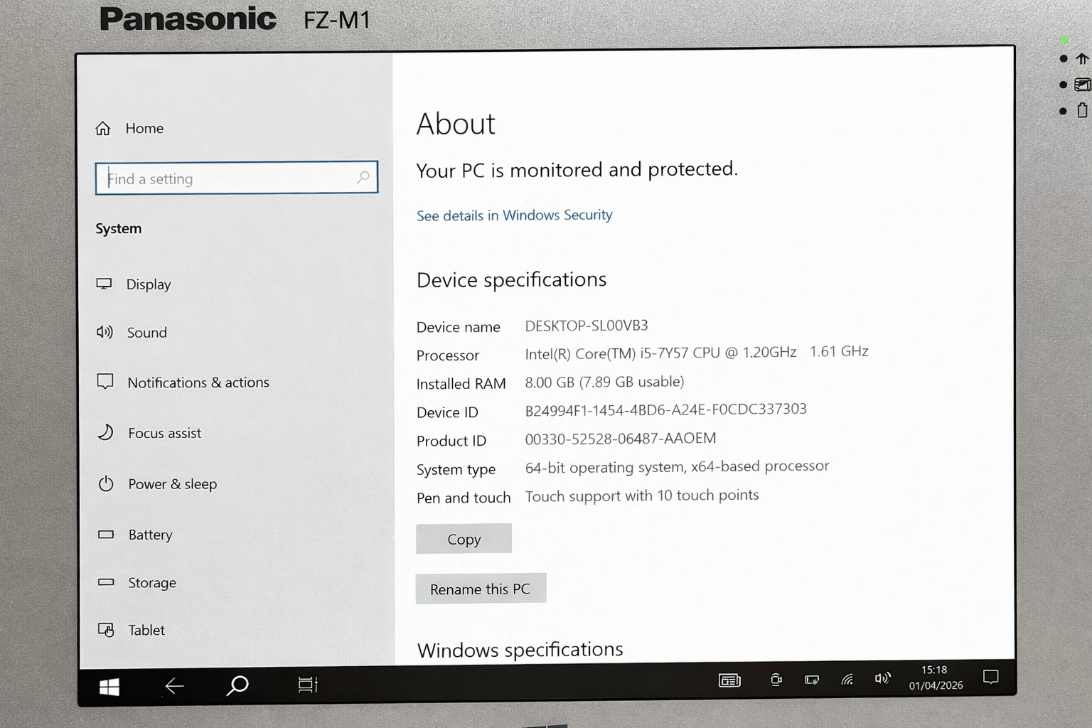 Panasonic ToughPad FZ-M1 MK3 I5 1.2GHz Win 10 8GB, 256GB Tablet LAN RJ45 4G LTE