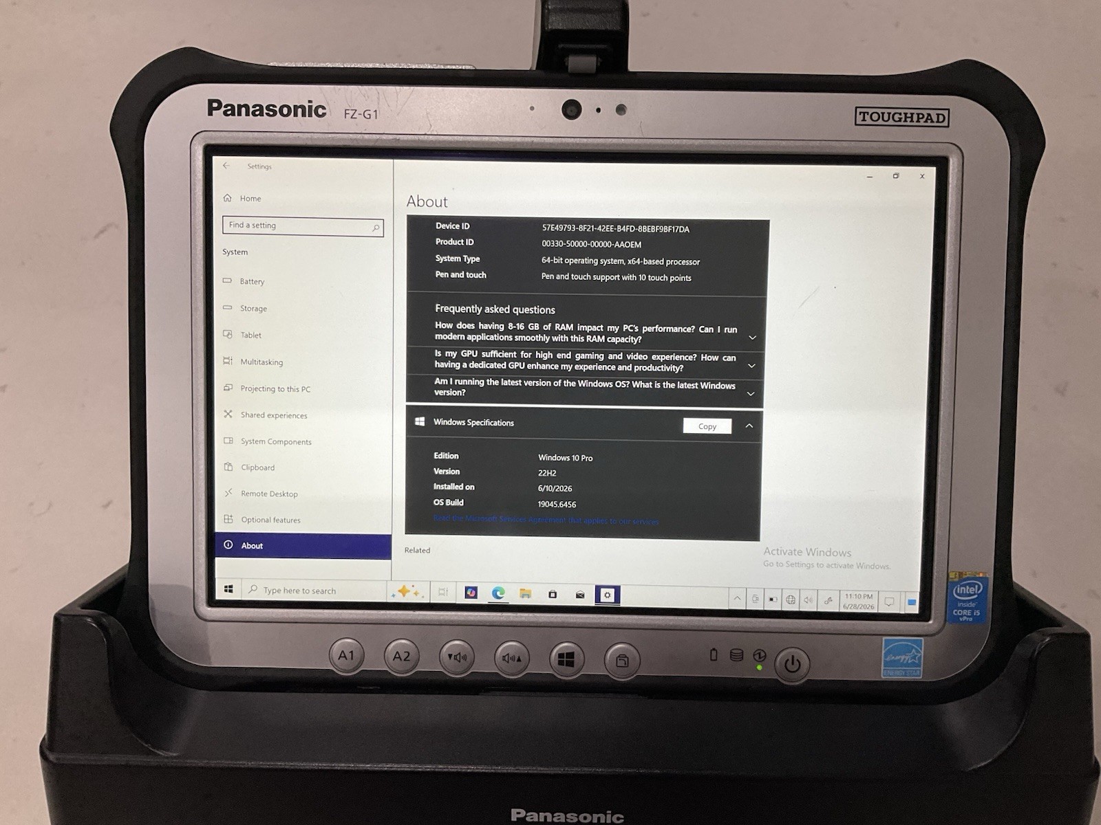 NICE PANASONIC TOUGHPAD FZ-G1 MK3 10.1″ Intel i5 *NO SSD* 8GB RAM GPS LTE STYLUS