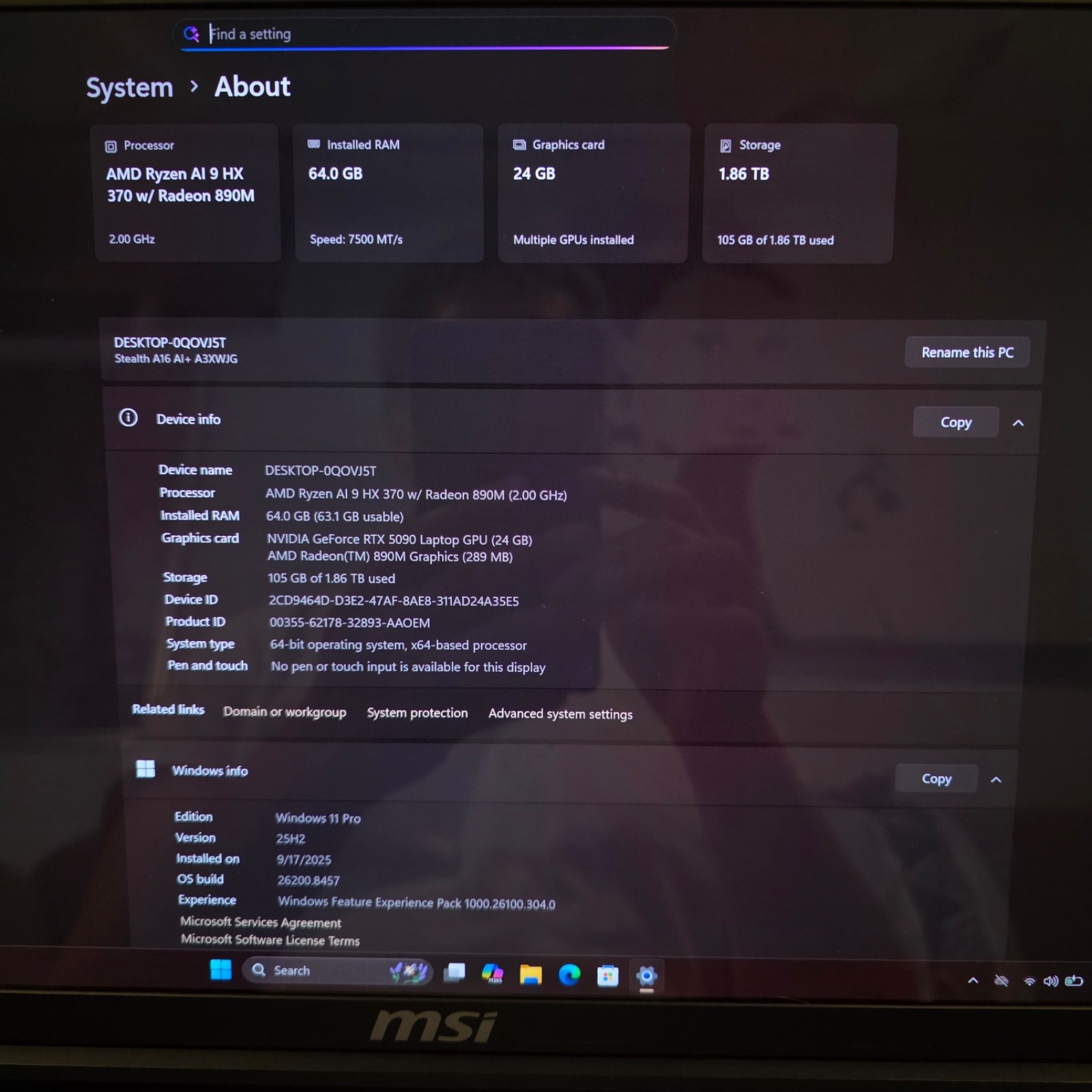 MSI Stealth A16 QHD+ OLED 240Hz Ryzen AI 9 HX 370 64GB 2TB RTX 5090 24GB DDR7