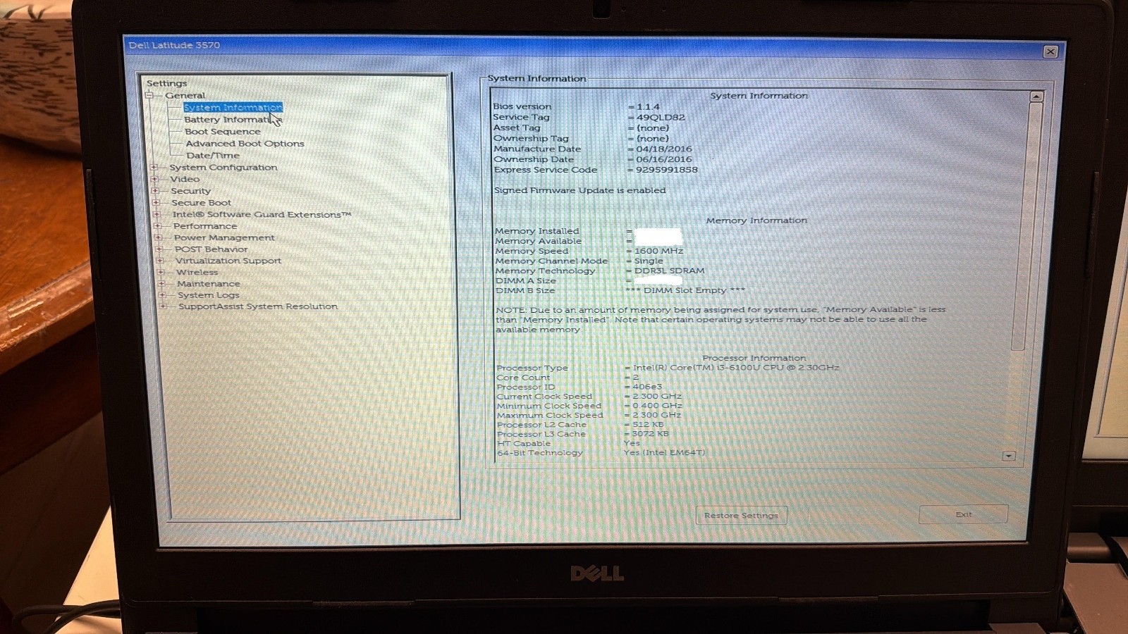Dell Latitude 3570-15.6″ Laptop Core i3-6100U, 8GB RAM, 128GB SSD, Win10 Pro-3