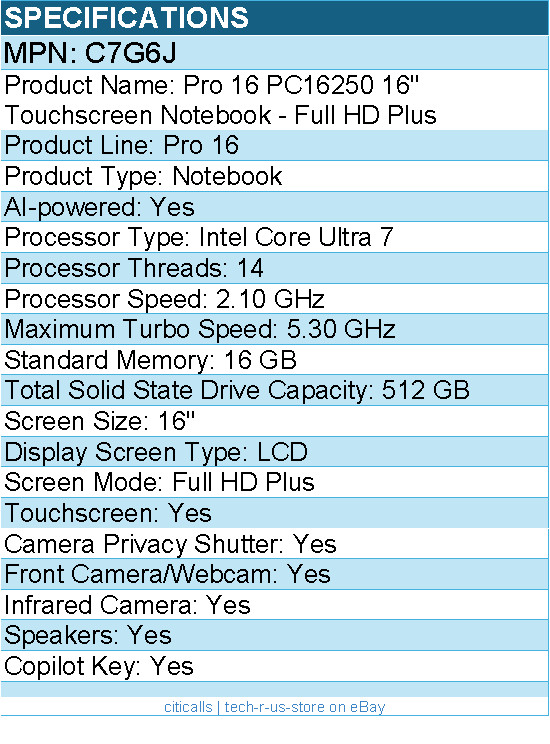 Dell C7G6J Pro 16 PC16250 16″ Touchscreen Notebook – Intel Core Ultra 7 265U