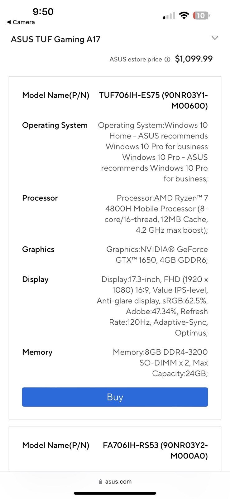 ASUS TUF Gaming F17 17.3” (512GB SSD Intel Core i5-11260H 2.6GHz 8GB RAM)…