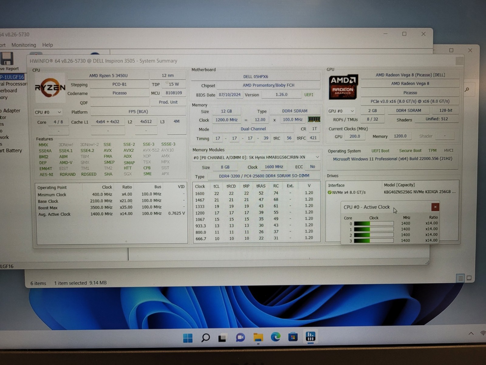 Dell inspiron 3505 15.6″rayzen5 3450u 2100mhz 12gb ram 256gb ssd charger 9BZH393