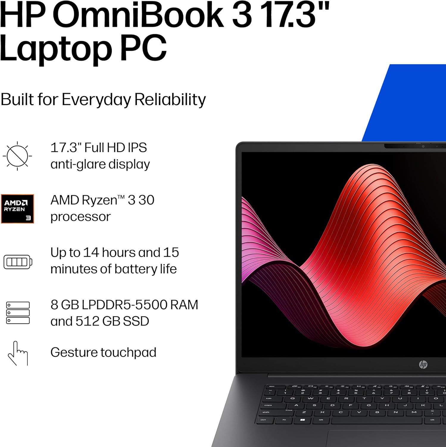 HP Omnibook 3 17.3 Inch Laptop PC, FHD Display, AMD Ryzen 3 30, 8 GB RAM, 512 GB