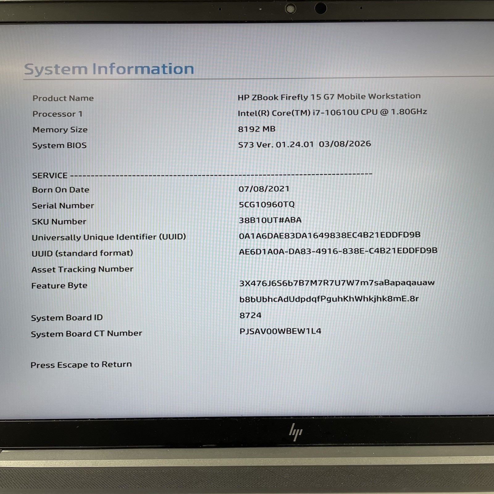 HP ZBook Firefly 15 G7 15.6″ i7-10610U 1.80 GHz 8 GB RAM No SSD/OS/AC