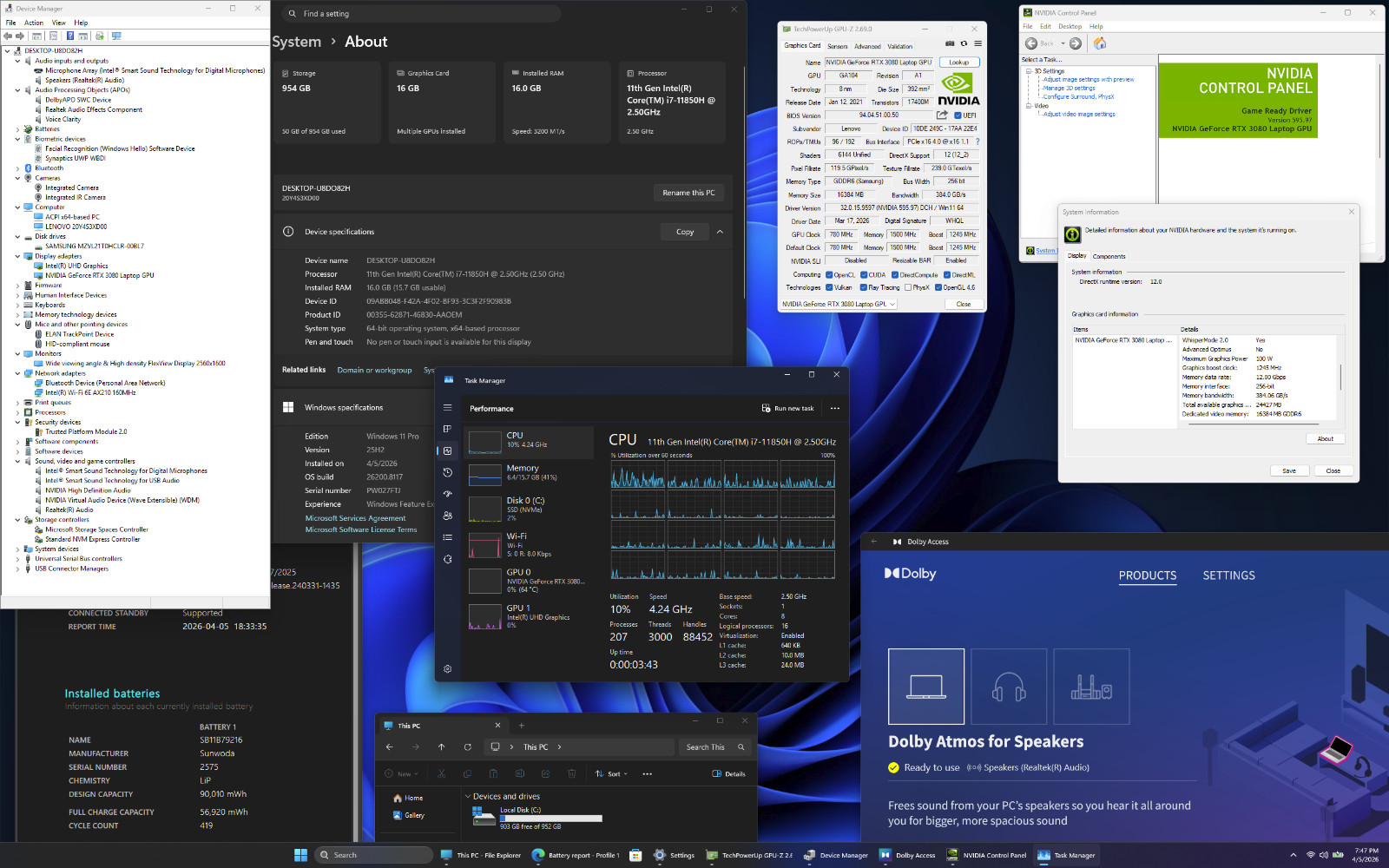Lenovo ThinkPad P1 Gen 4 i7-11850H 16GB 16″ 2560×1600 NVIDIA RTX 3080 1TB SSD