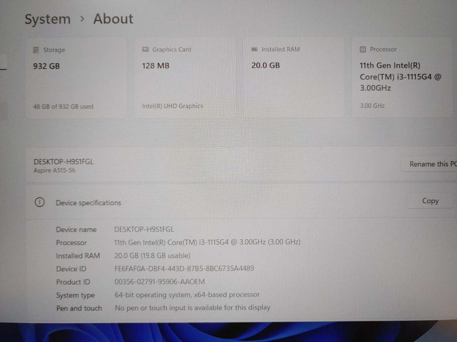 Acer Aspire A515-56 15.6″ Intel i3-1115G4✔20GB RAM✔1TB NVMe✔Win11Home✔ *NO A/C*
