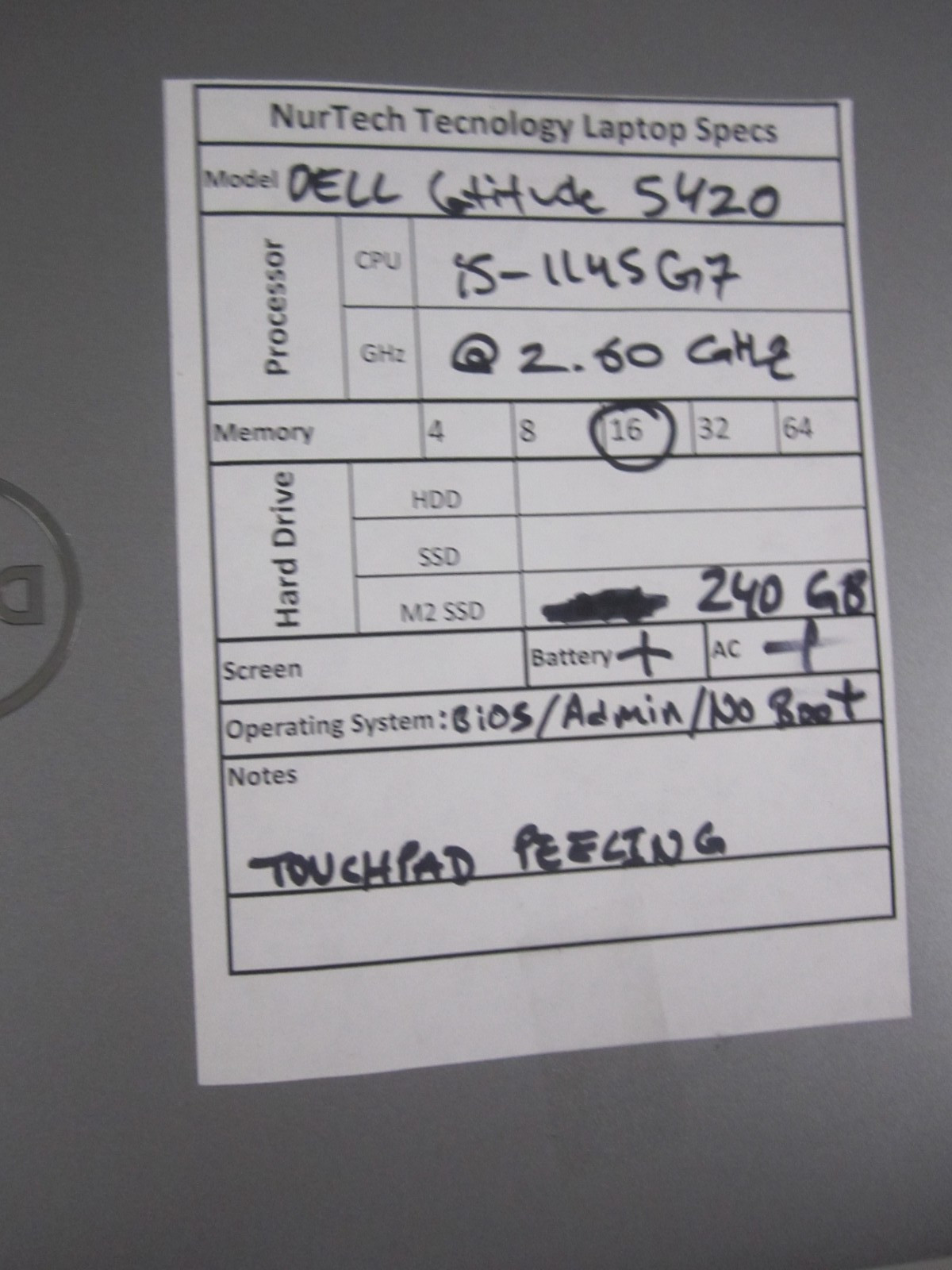 Dell Latitude 5420 i5-1145G7 2.6GHz 16GB 240GB m2SSD Laptop + AC NOOS READ BIOS