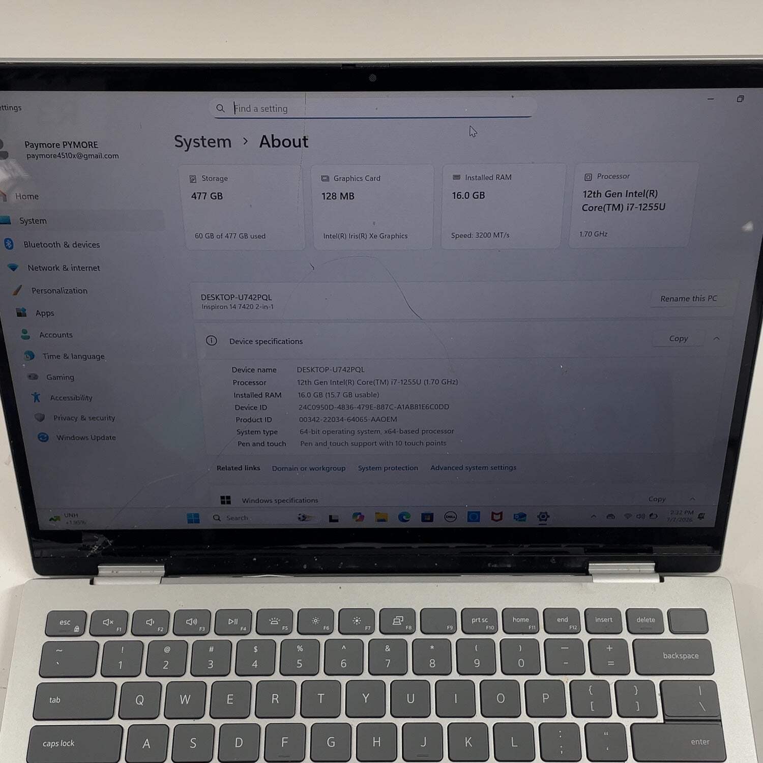 Broken Dell Inspiron 7420 14″ i7-1255U 1.7GHz 16GB RAM 512GB SSD Cracked