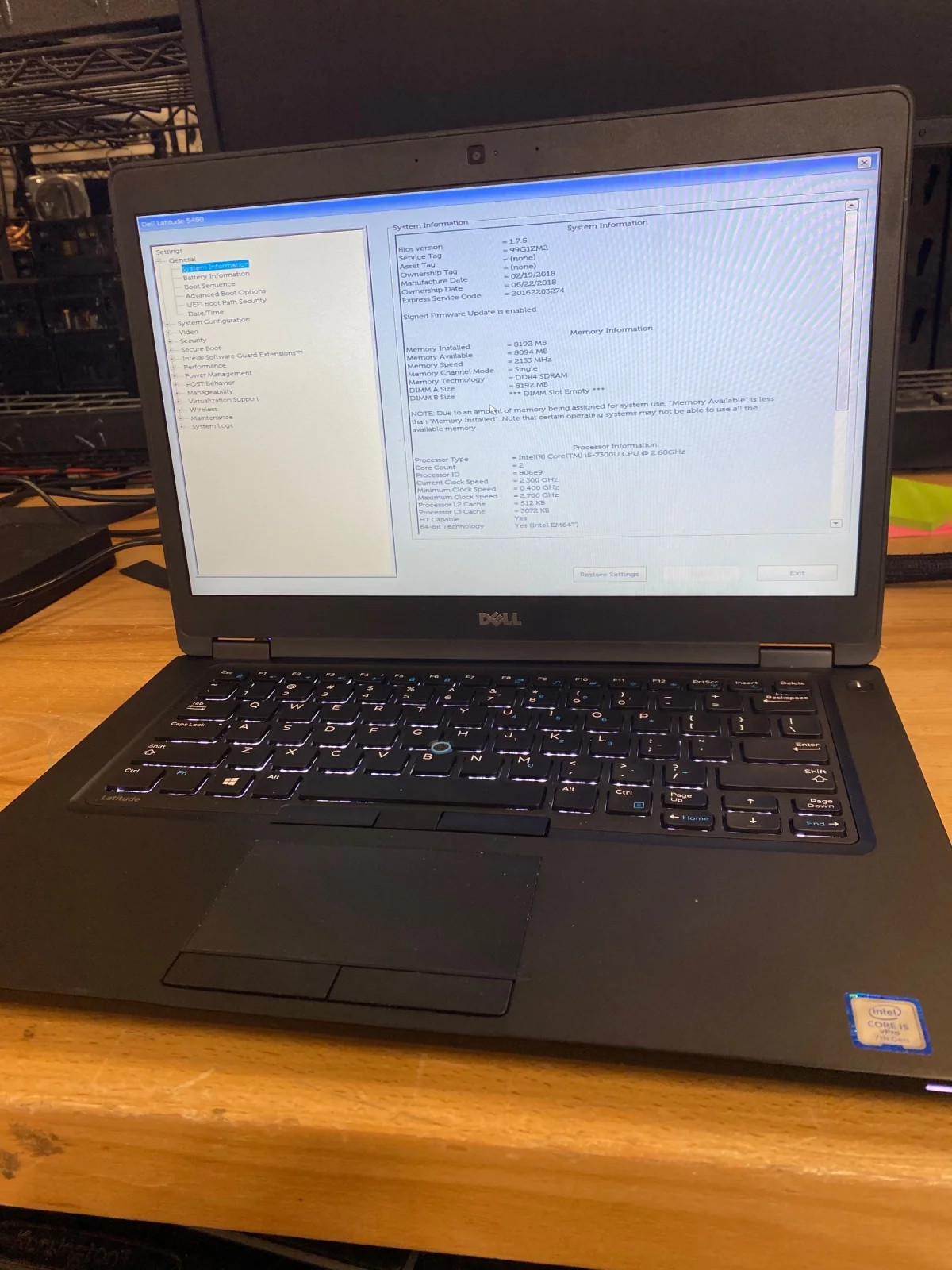 Dell Latitude 5480, i5-7300U, 8GB RAM, No SSD, For Parts