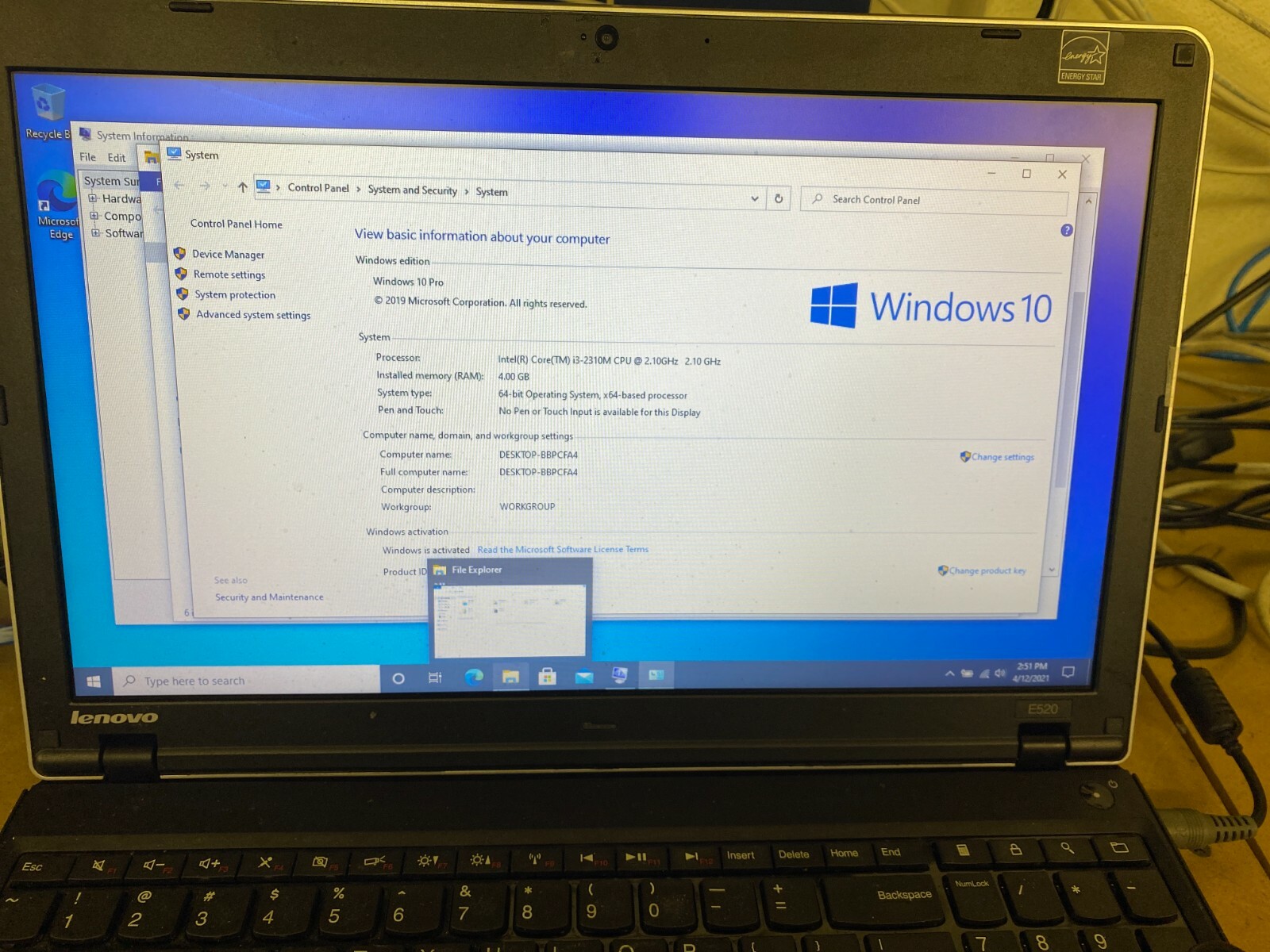 15.6 Lenovo ThinkPad Edge E520, 4GB Ram, 320GB HDD, Intel i3,Win.10Pro