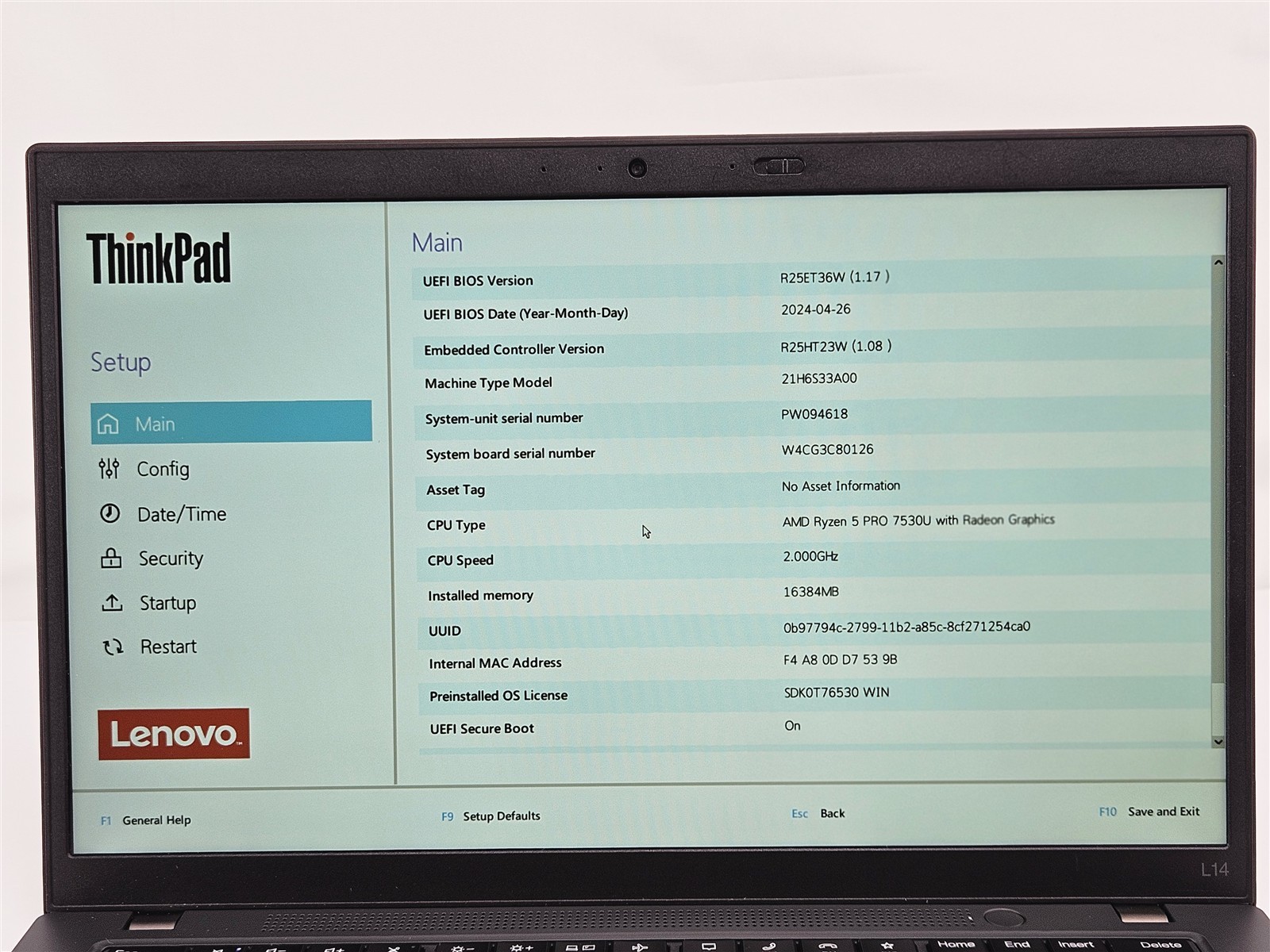 Lenovo ThinkPad L14 Gen 4 AMD Ryzen 5 Pro 7530U 16GB 256GB SSD 14″ Radeon