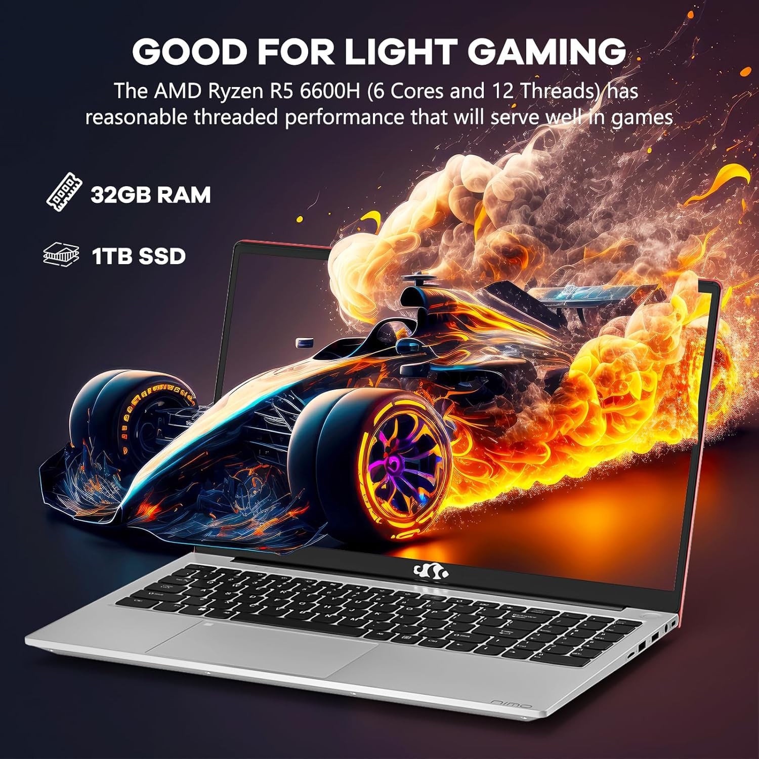 NIMO 15.6″ IPS FHD-Gaming-Laptop, AMD Ryzen 5 6600H 6-Cores 660M GPU 4.5GHz