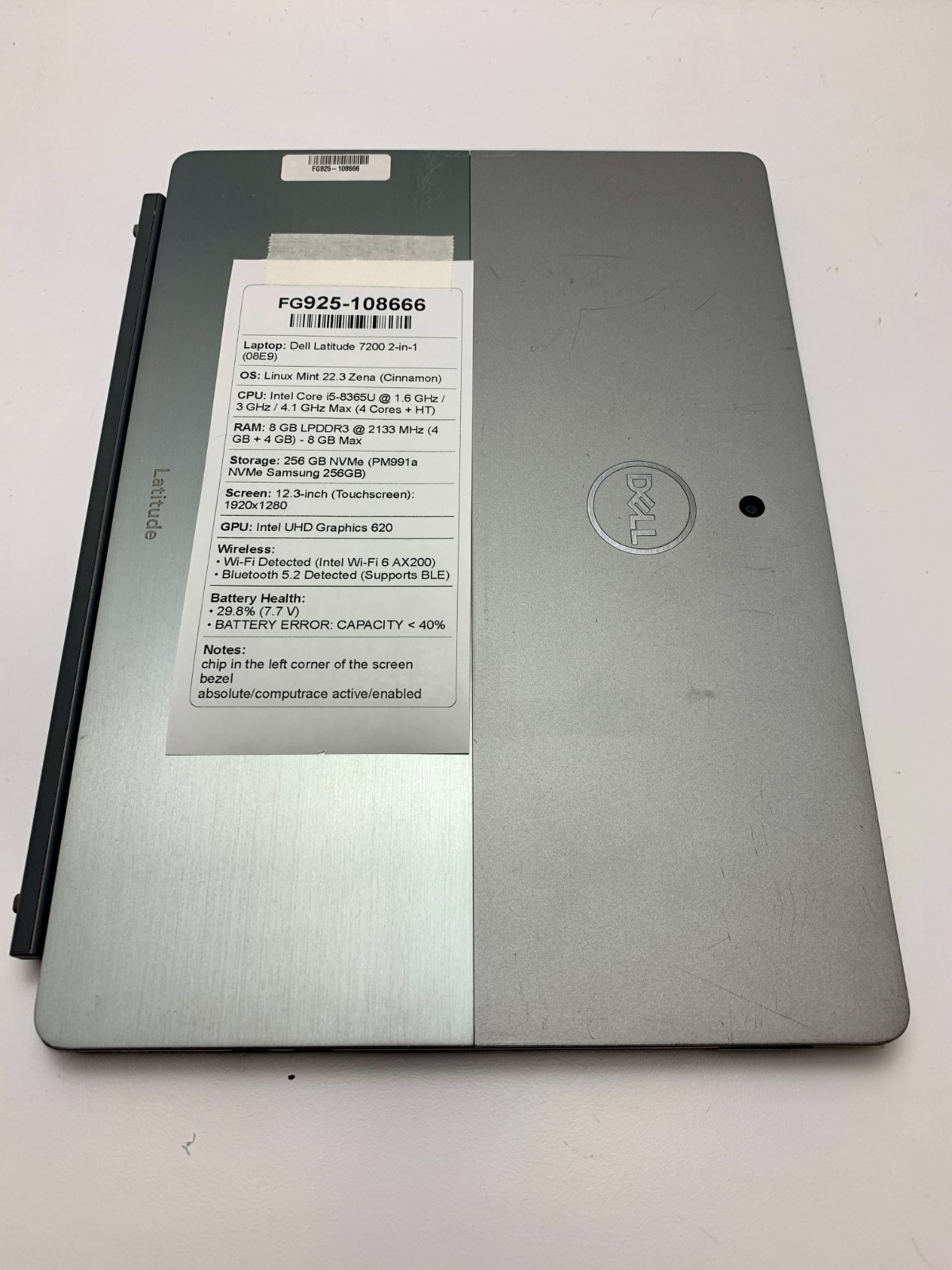 Dell Latitude 7200 2-in-1 | i5-8365U | 8GB RAM | 256GB NVMe | LINUX | COMPUTRAC