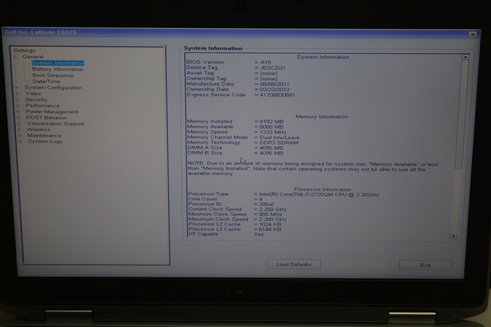 Dell Latitude E6520 Intel Core i7-2720QM @ 2.20GHZ 8GB Ram No HD #W105