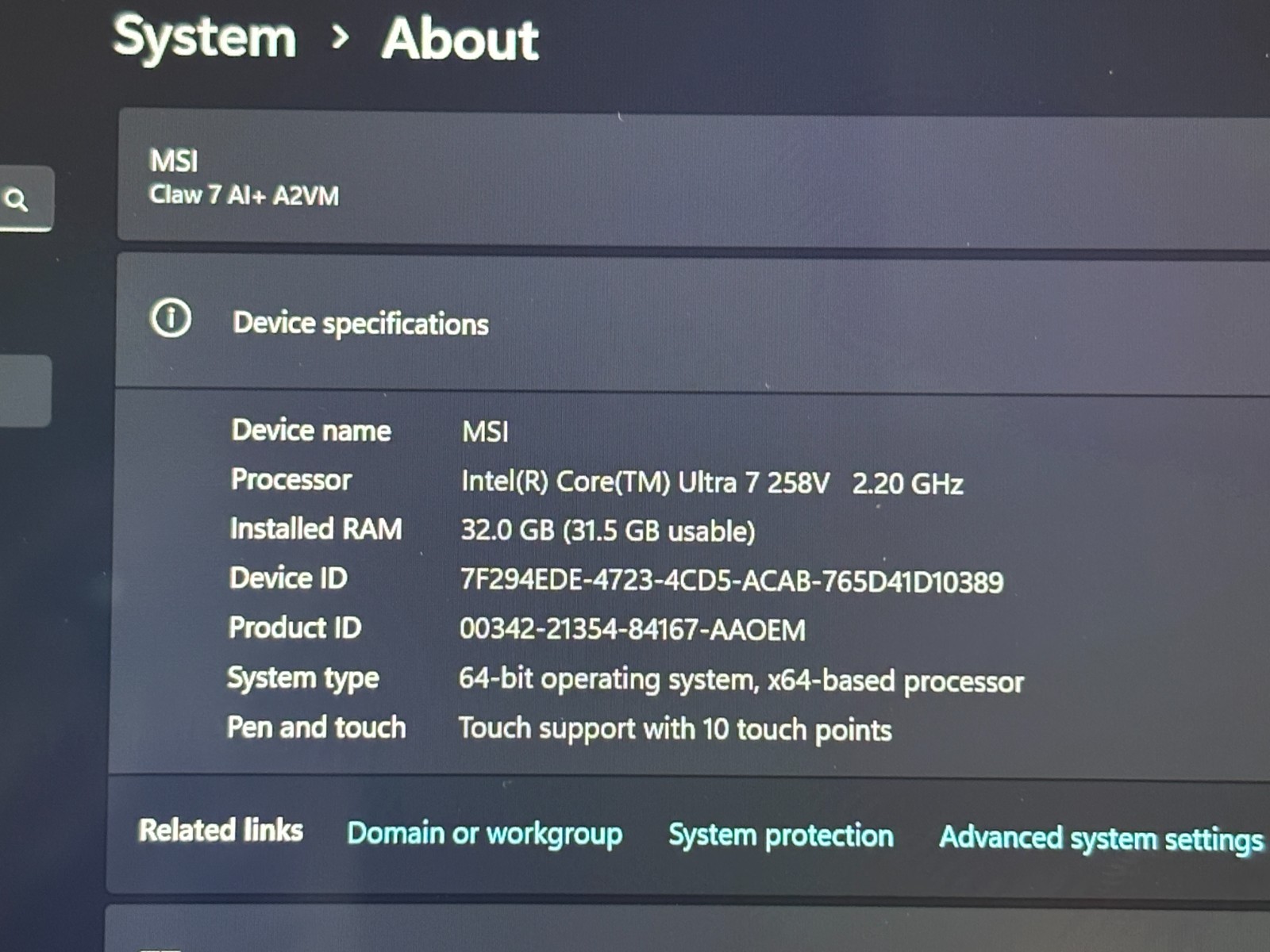 MSI Claw 7 AI+ A2VM Ultra 7 258V 32GB 512GB