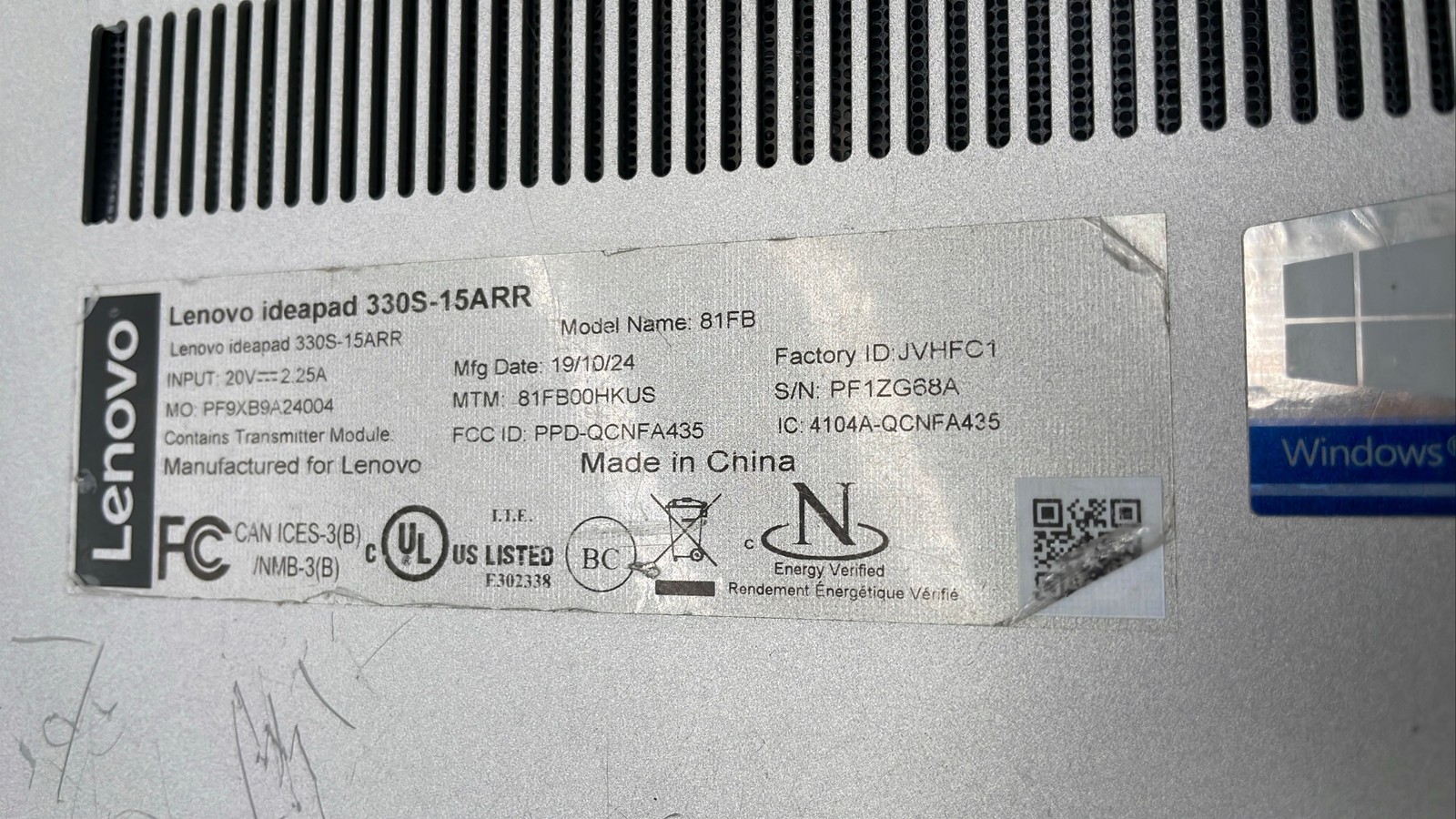 Lenovo IdeaPad 330S-15ARR 15.6″ Laptop Model 81FB Silver No Charger