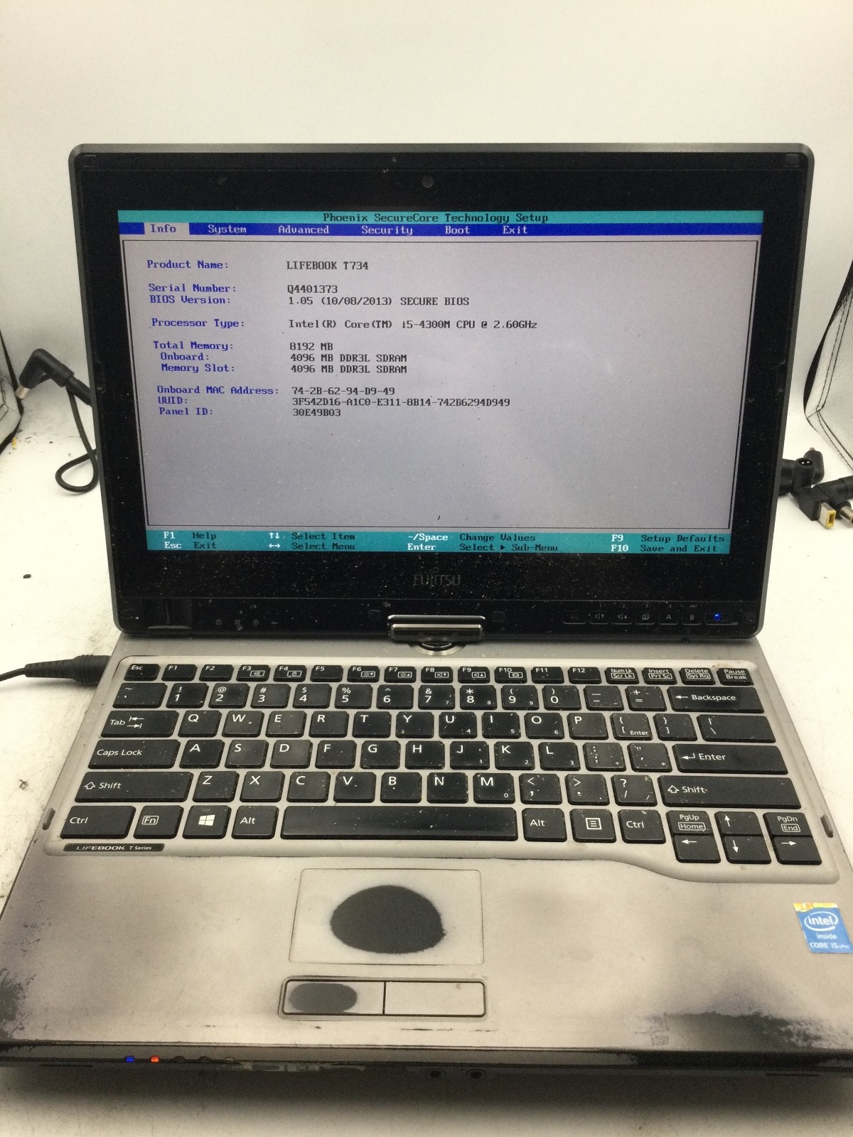 FUJITSU LIFEBOOK T734 – BOOTS TO BIOS – INTEL I5 4300 – 8GB RAM – READ DESC – BB