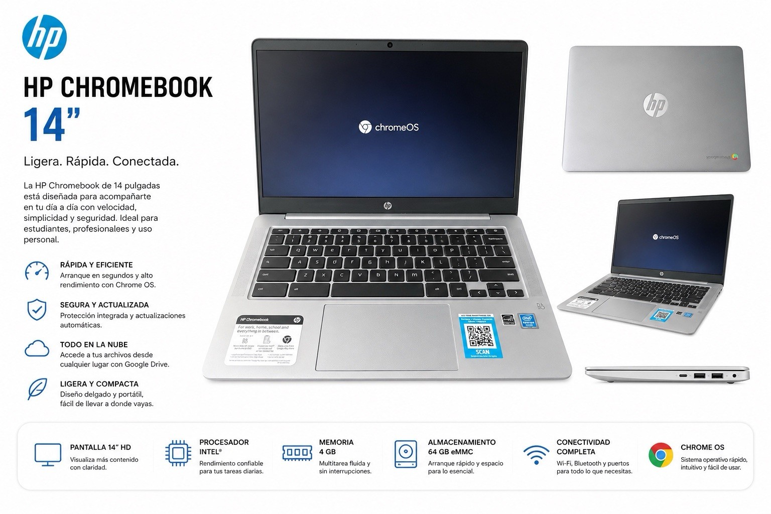 HP Chromebook 14 G5 Laptop 14″ Intel Celeron 4GB RAM 32GB eMMC Silver Chrome OS