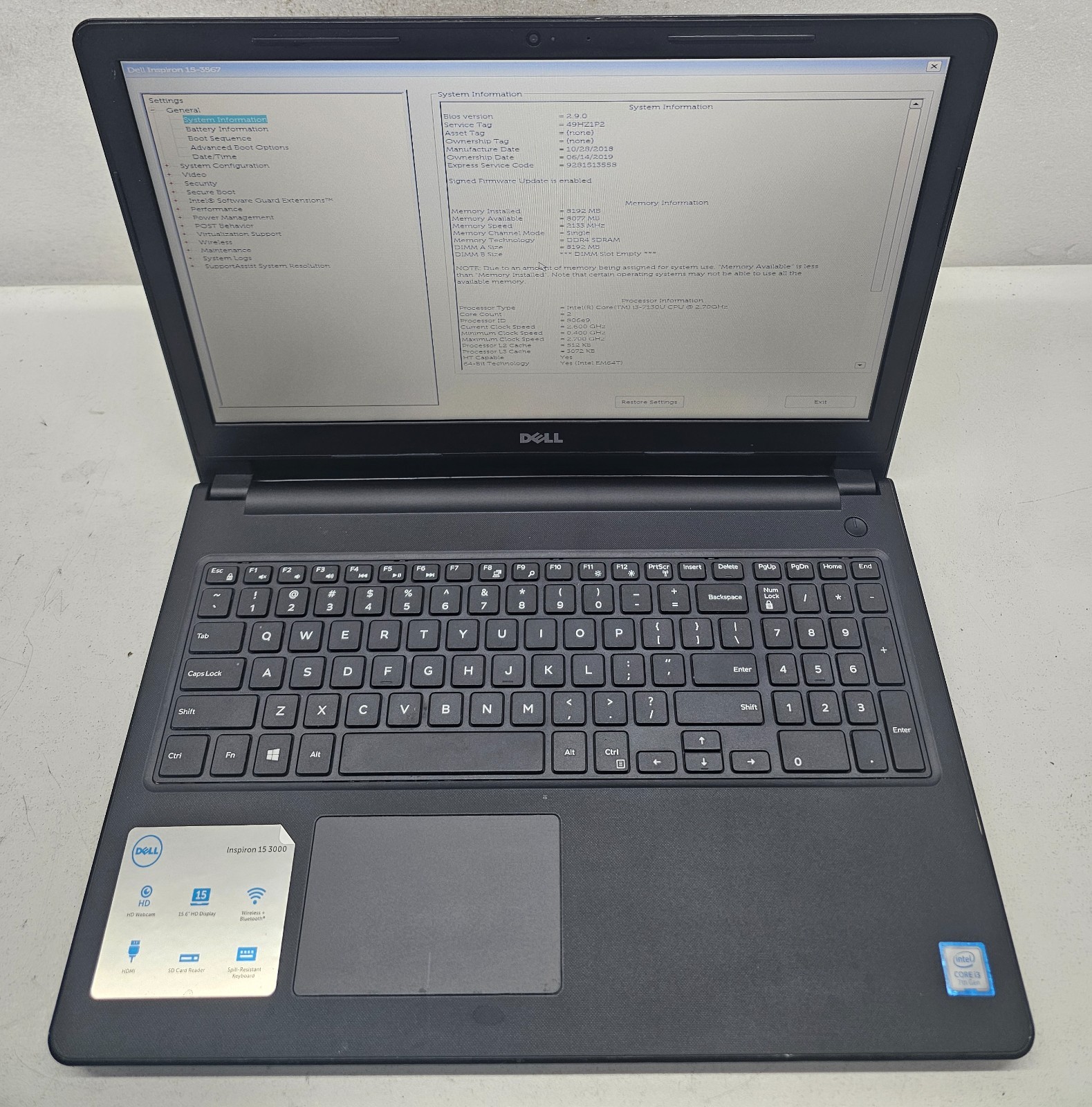 Dell Inspiron 15-3567 15.6″ Laptop Intel i3-7130U 8GB RAM 1TB HDD NO OS (FL)