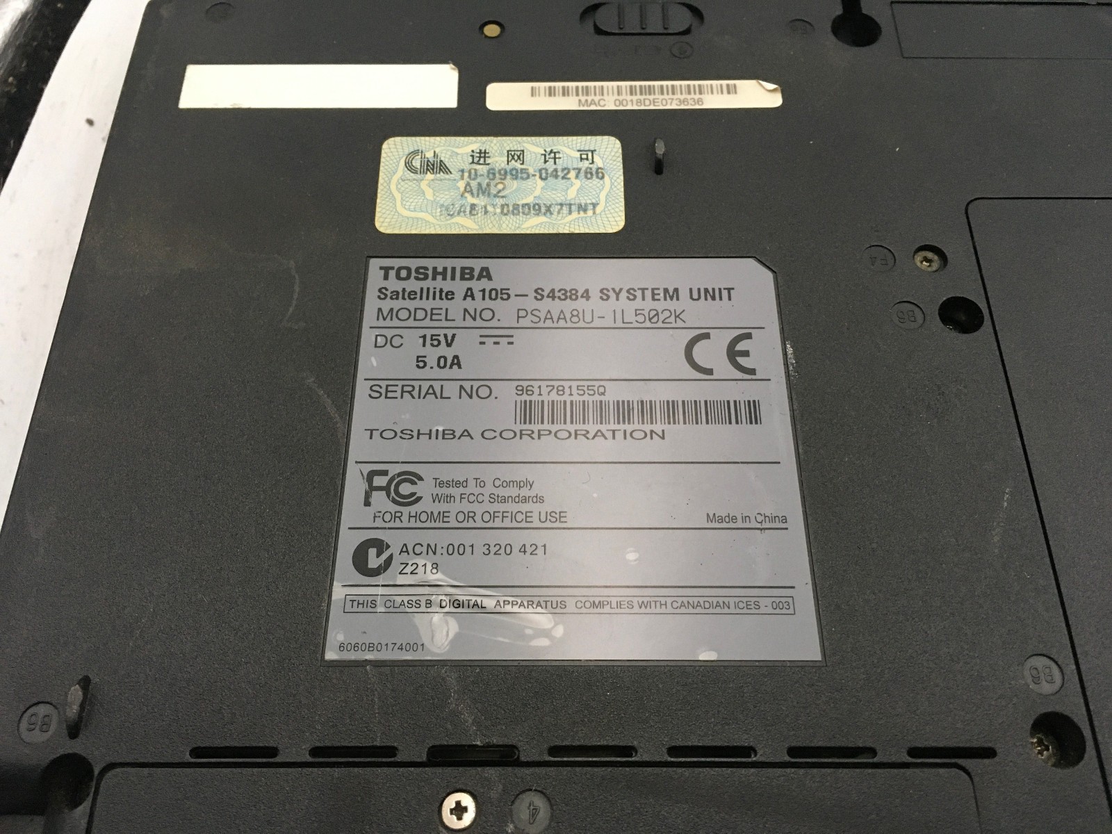 TOSHIBA SATELLITE A105 S4384 -FOR PARTS/REPAIR- Intel 2 Duo T5500 – 1GB RAM – BB