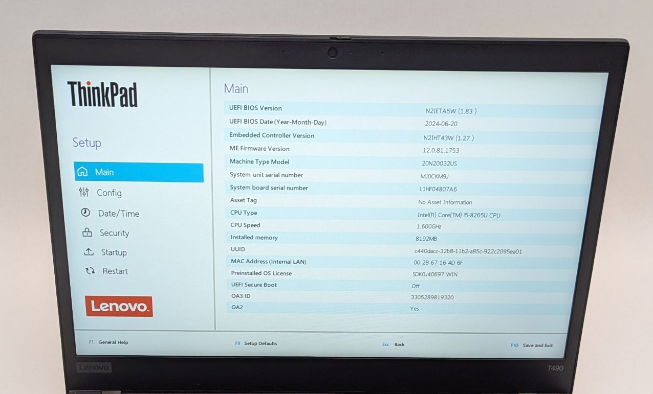 Lenovo ThinkPad T490 14″ Laptop i5-8265U 1.60GHz 8GB RAM 256GB NVMe Windows 11