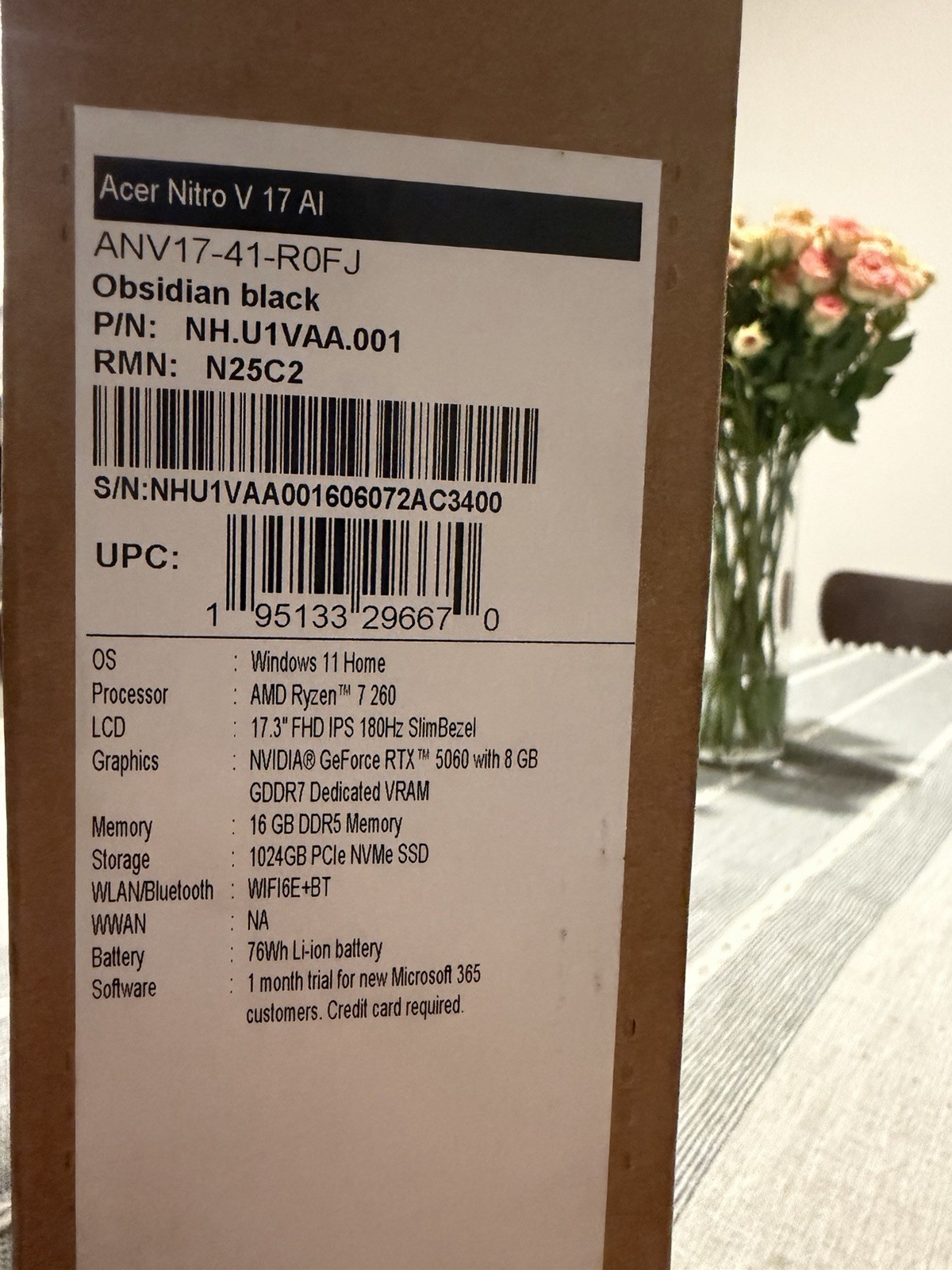 Acer Nitro V 17 AI 17.3” 180Hz Gaming Laptop Ryzen 7 260 RTX 5060 16GB 1TB