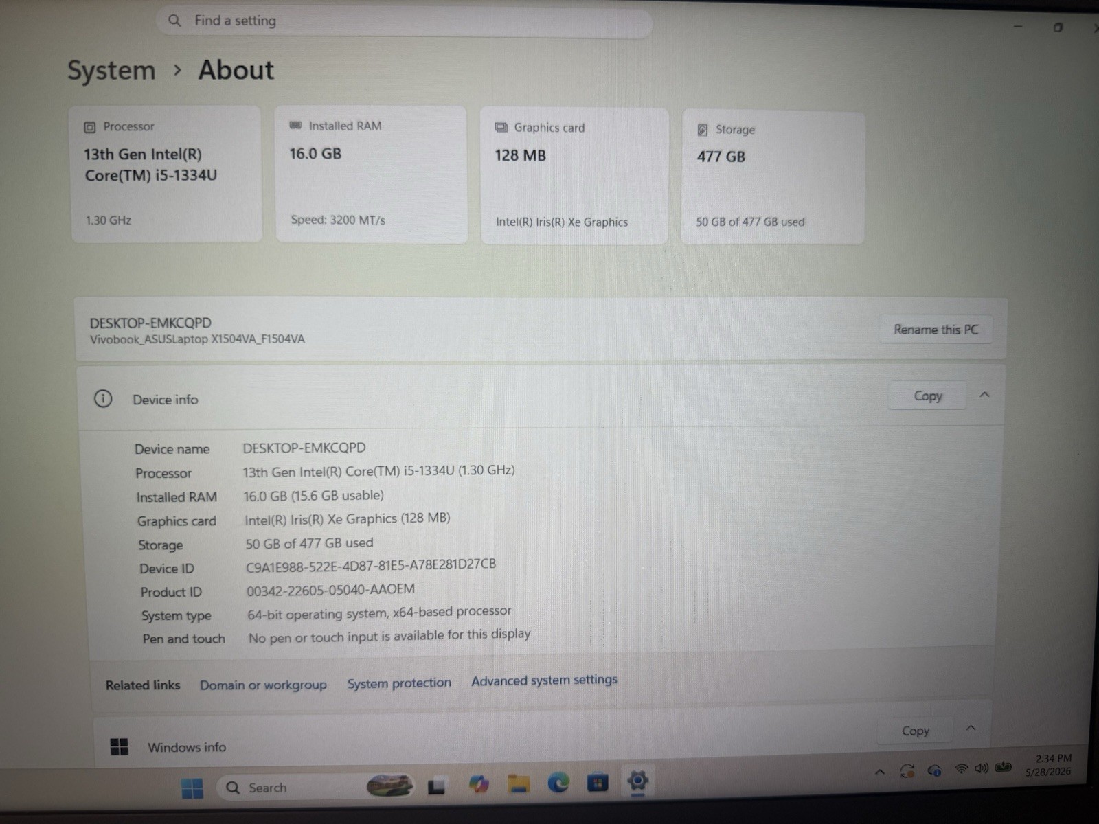 ASUS Vivobook 15.6″ Laptop i5-1334U 16GB 512GB SSD Win11 4 Cycles, Silver
