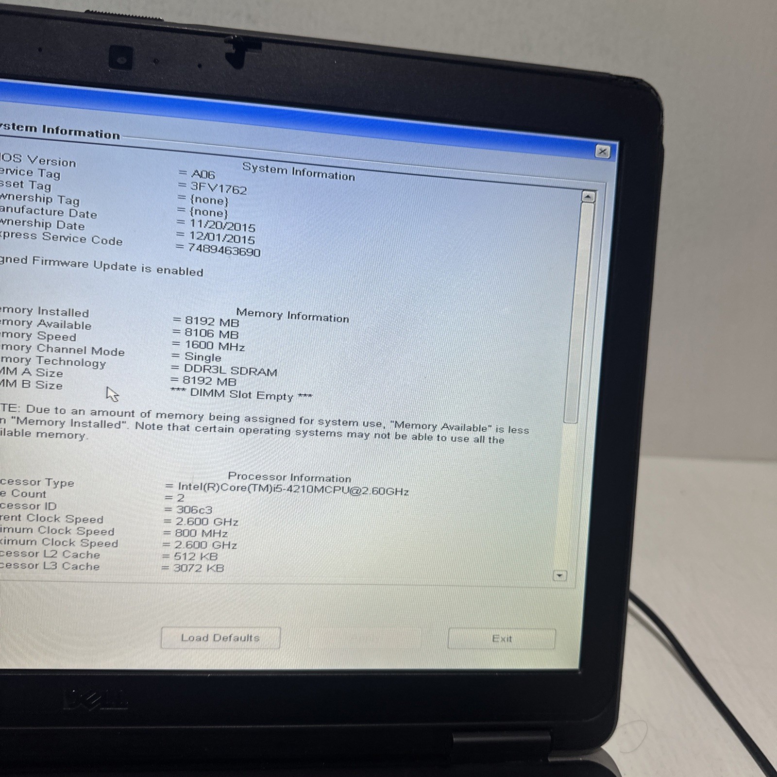 Dell Precision M2800 15″ Laptop i5-4210M 8gb Ram No Drives No Battery Boots Bios