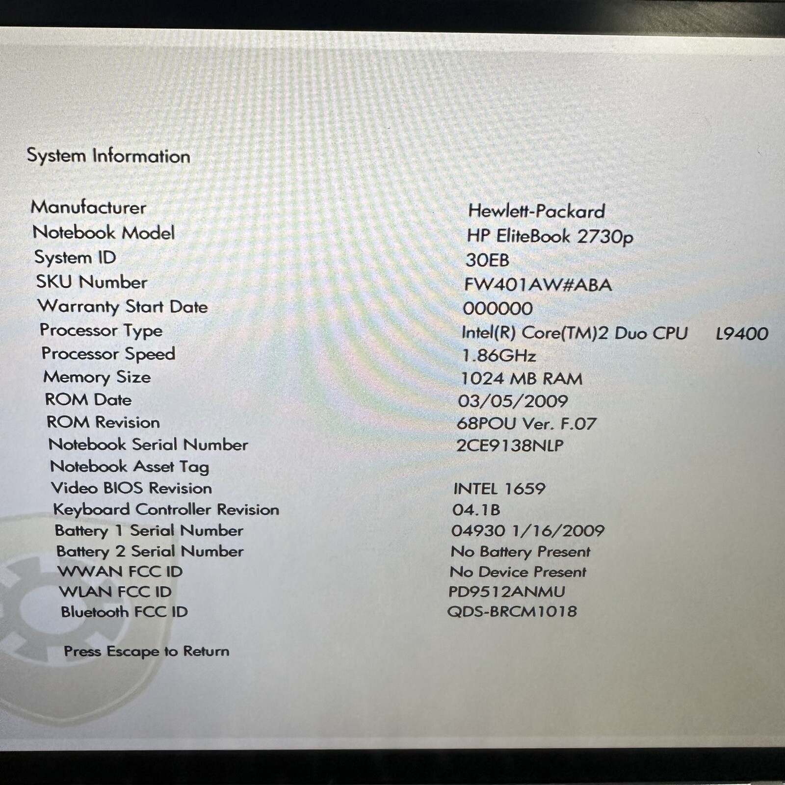 HP EliteBook 2730p 12.1” Laptop Tablet PC C2D 1GB RAM No HDD – Scraps/Salvage
