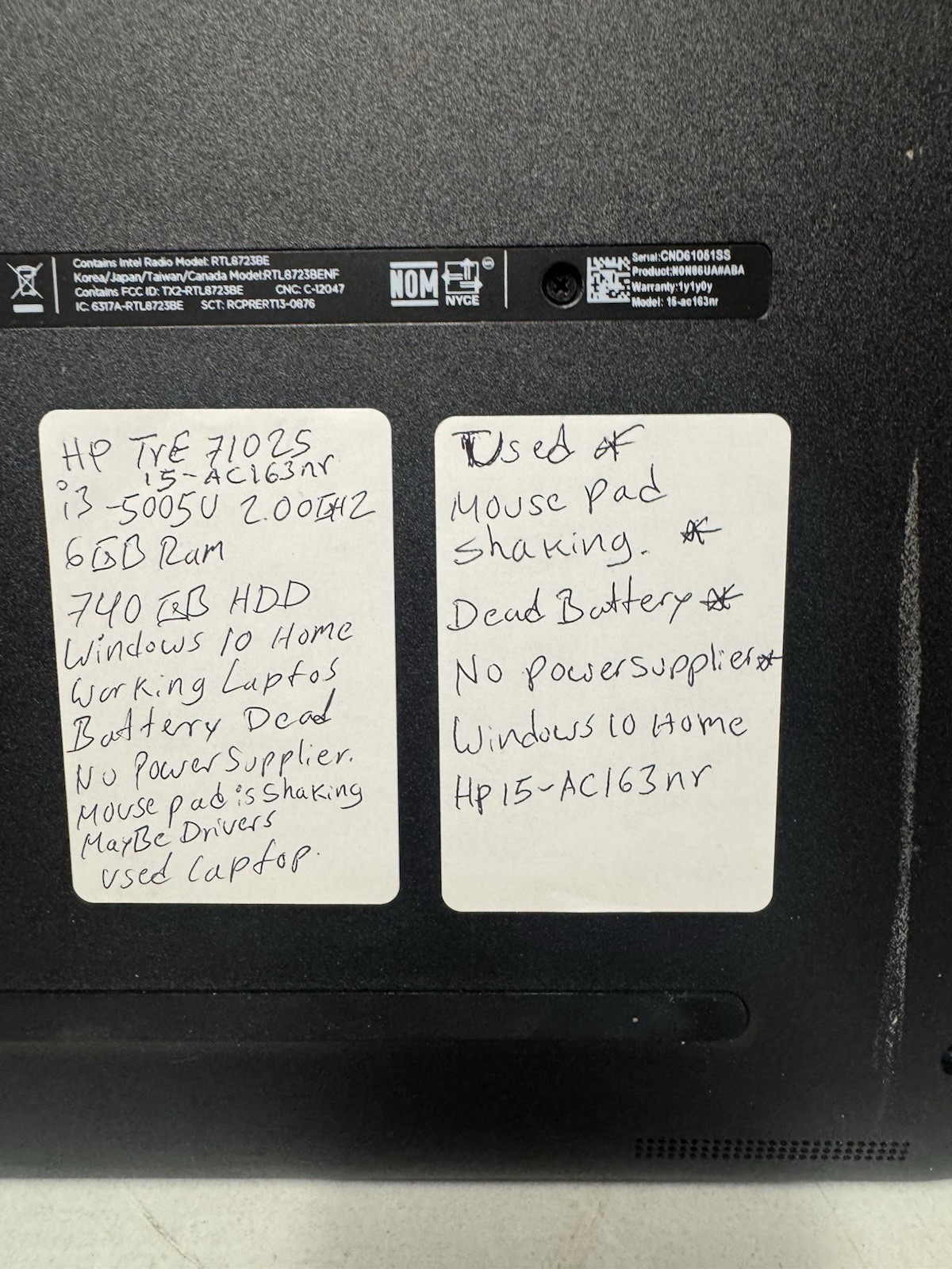 HP 15-AC163NR i3-5005U 6GB RAM 750GB HDD Touchpad Issue No Charger