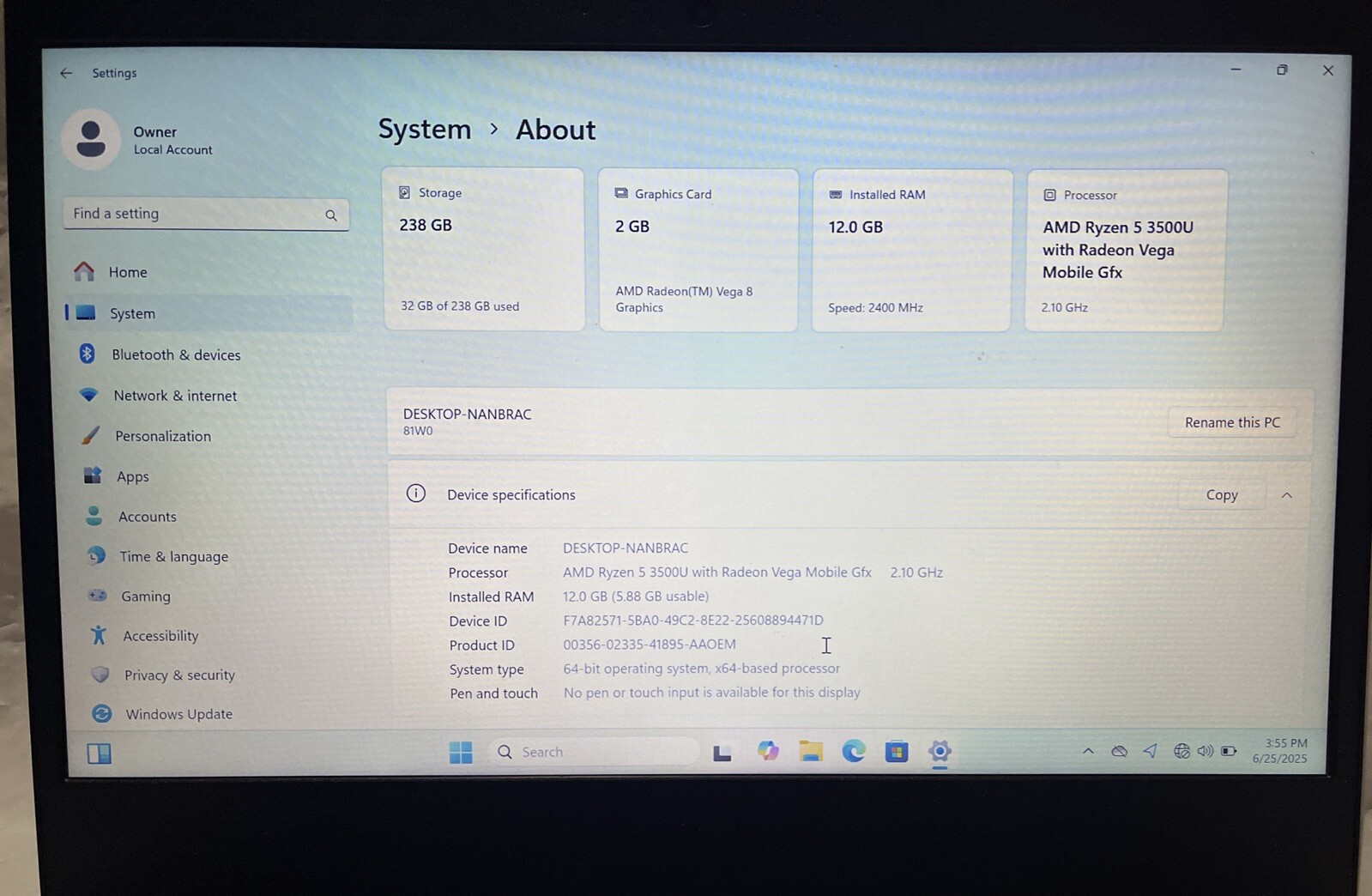 Lenovo IdeaPad 3 14ADA05 AMD Ryzen 5 3500U@2.10GHz, 12GB RAM, 256GB M2, W11H
