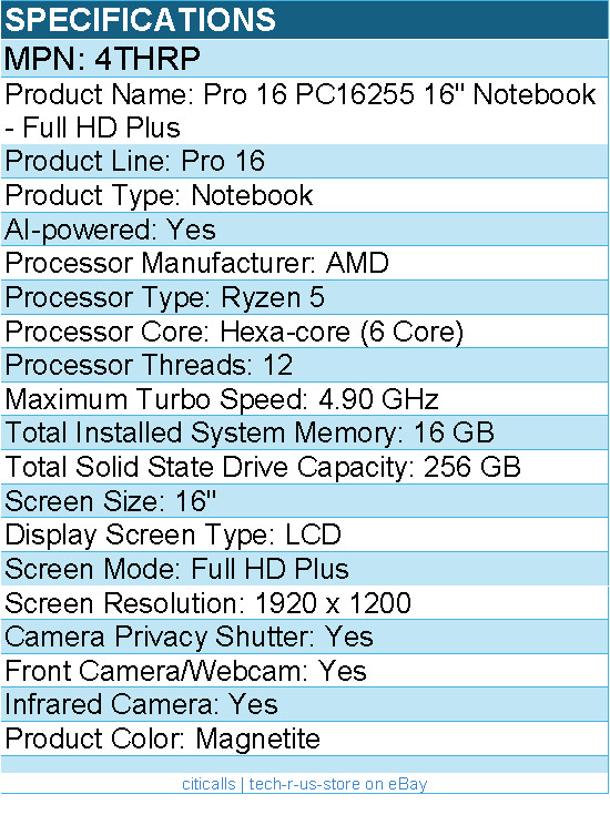 Dell 4THRP Pro 16 PC16255 16″ Notebook – Full HD Plus – AMD Ryzen 5 – Magnetite
