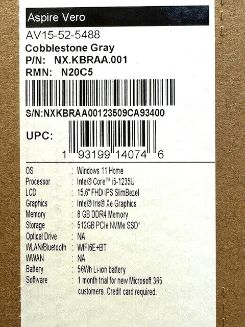 Acer Aspire Vero 15 AV15-52 15.6″ (512GB SSD, Intel Core i5 12th Gen. New in Box