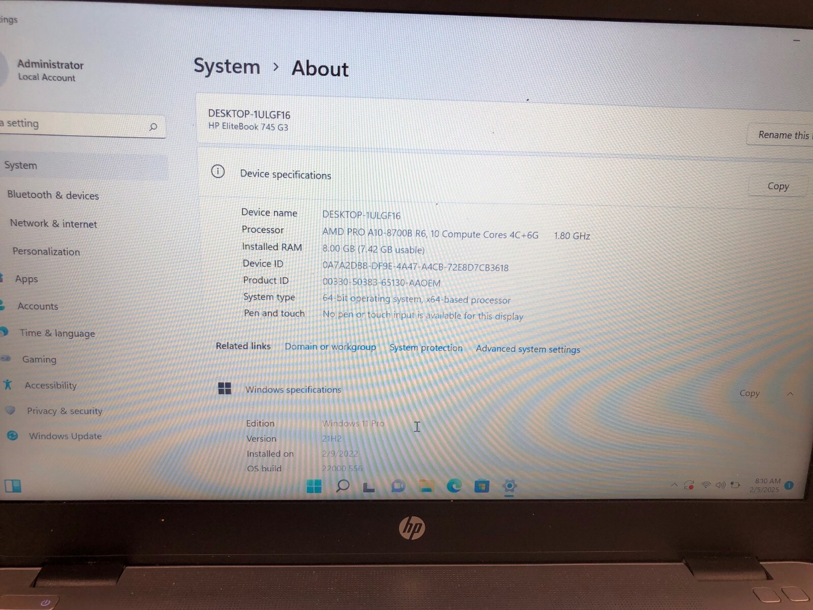 HP EliteBook 745 G3 AMD A10-8700B R6 8gb ram 240GB ssd w11p charger 5CG70231P0