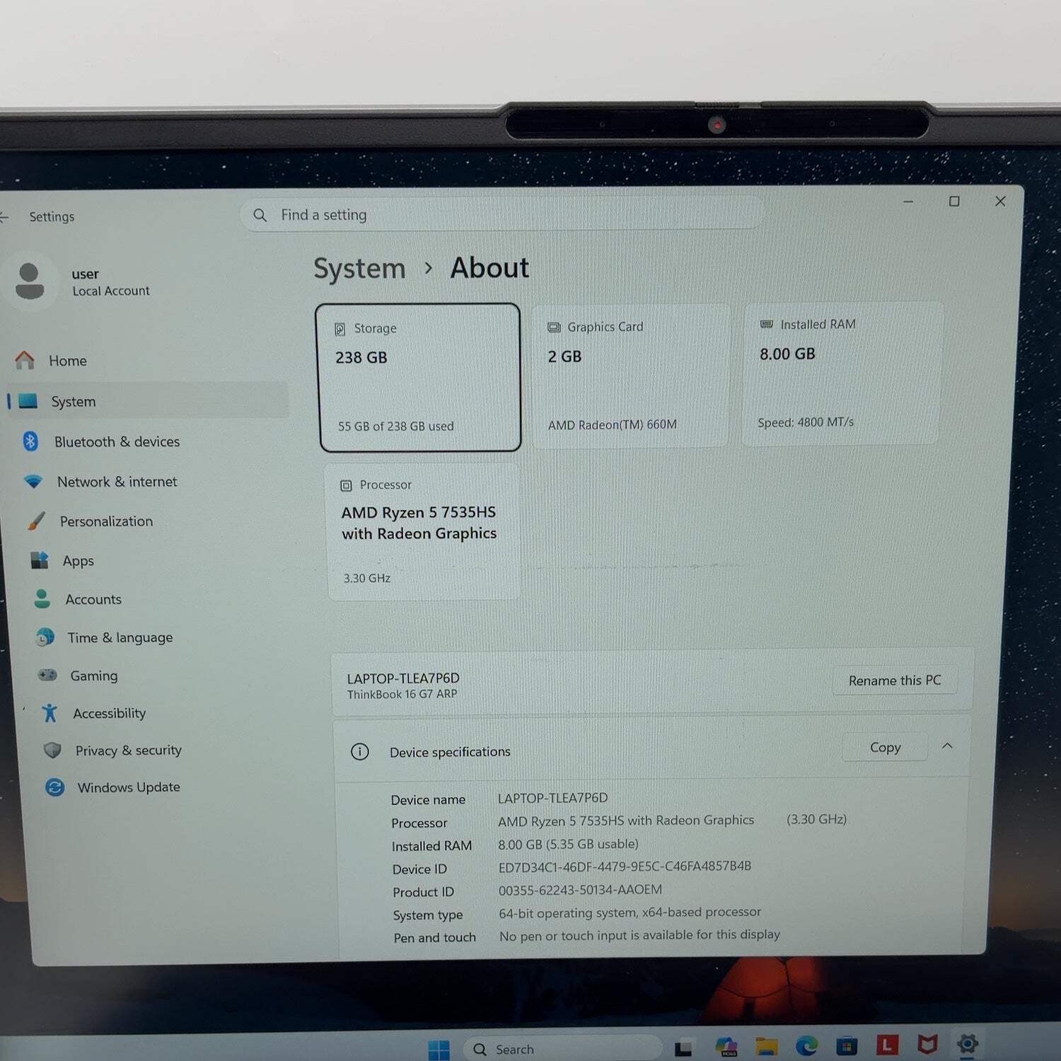 Lenovo ThinkBook 16 Gen 7 G7 ARP 16″ Ryzen 5 7535HS 3.3GHz 8GB RAM 256GB SSD