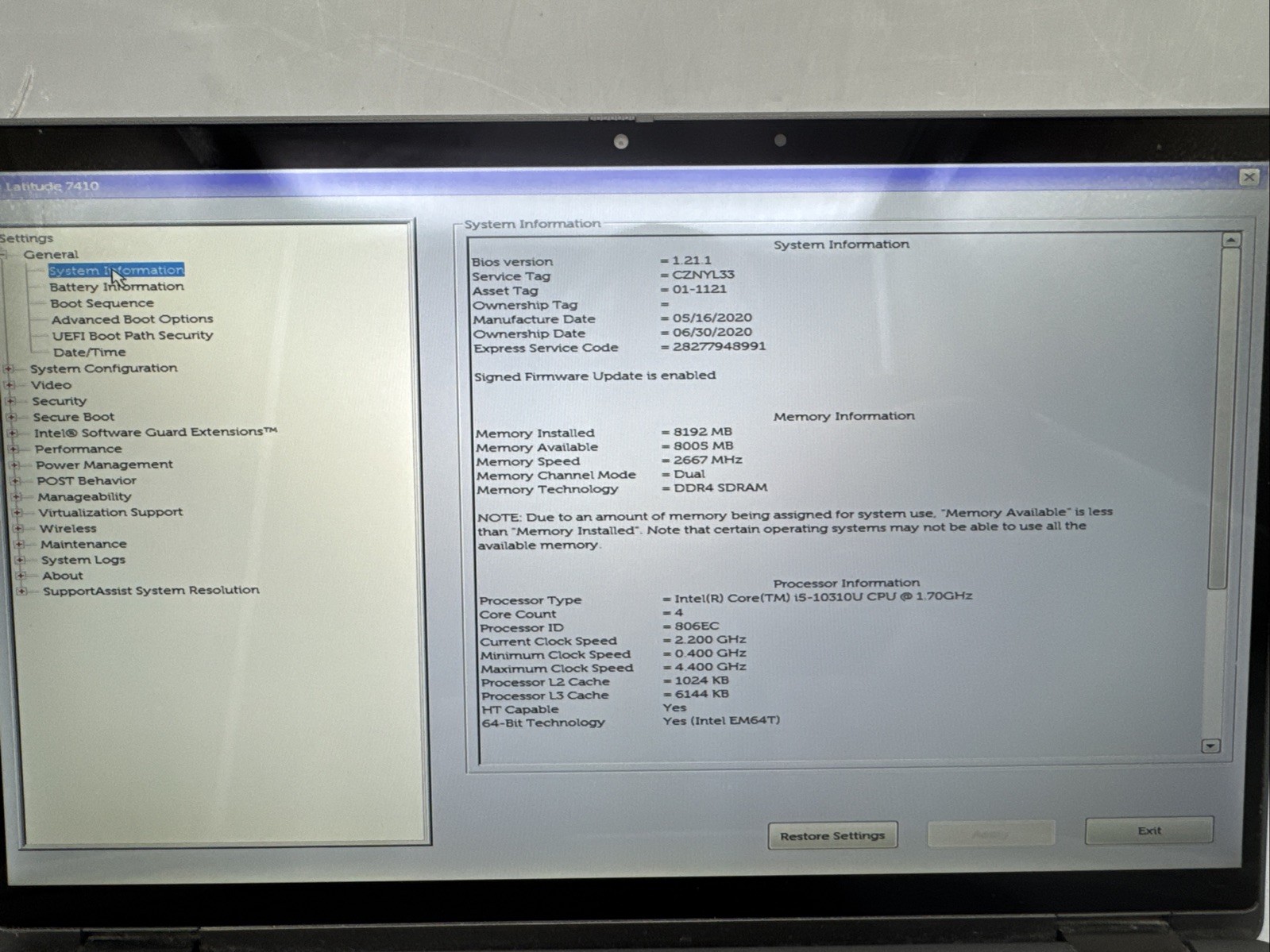Dell Latitude Laptop 7410 14″ FHD i5-10310 1.7 GHz-8GB RAM-256 GB HDD,NO OS