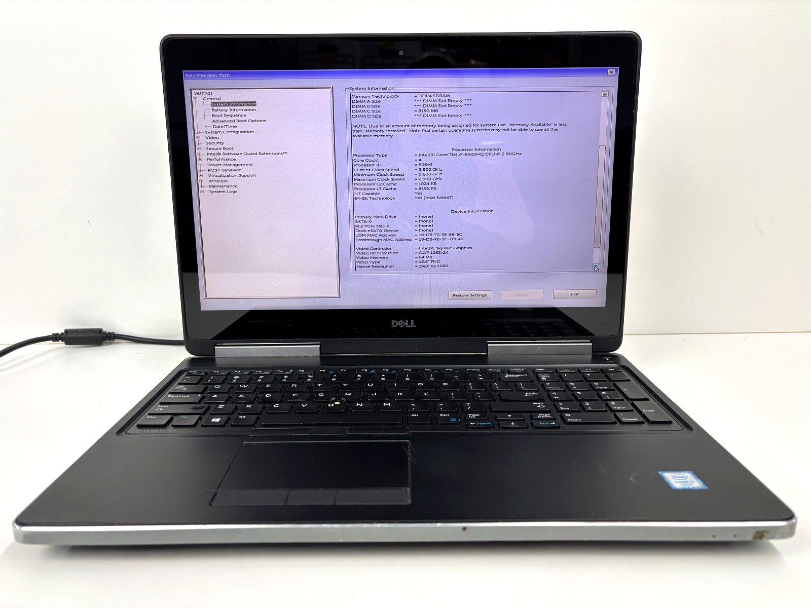 Dell Precision 7510 15.6″ Touchscreen I7-6920HQ 8GB NO SSD NO BATTERY PARTS