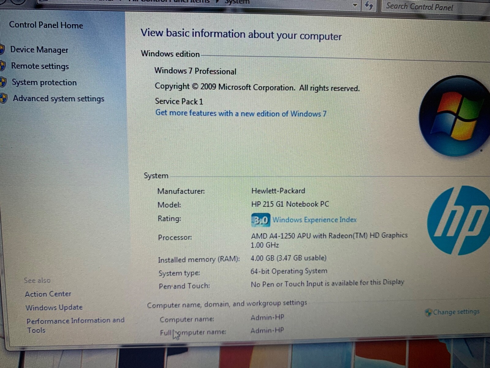 HP 215 G1 AMD A4-1258 APU 4GB 320GB HDD Windows 7 Pro Laptop