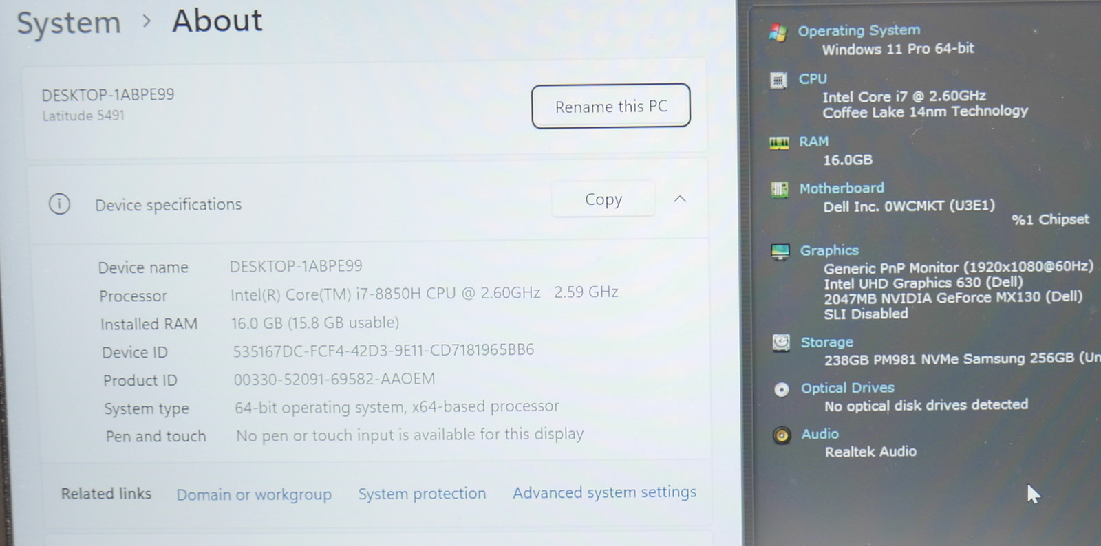 Dell Latitude 5491 Intel Core i7-8850H 2.60GHz 16 GB 256GB SSD 14″ Win 11 Pro QM