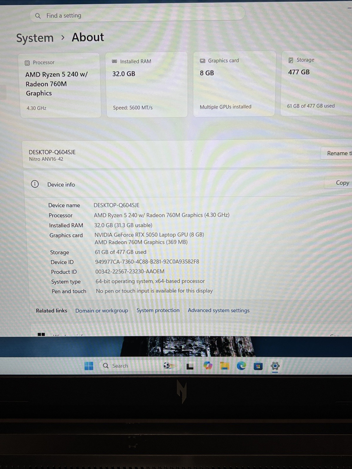 Acer Nitro V 16 AI 16″, Ryzen 5 240, RTX 5050, 32GB RAM, 512GB SSD ANV16-42-R1SF