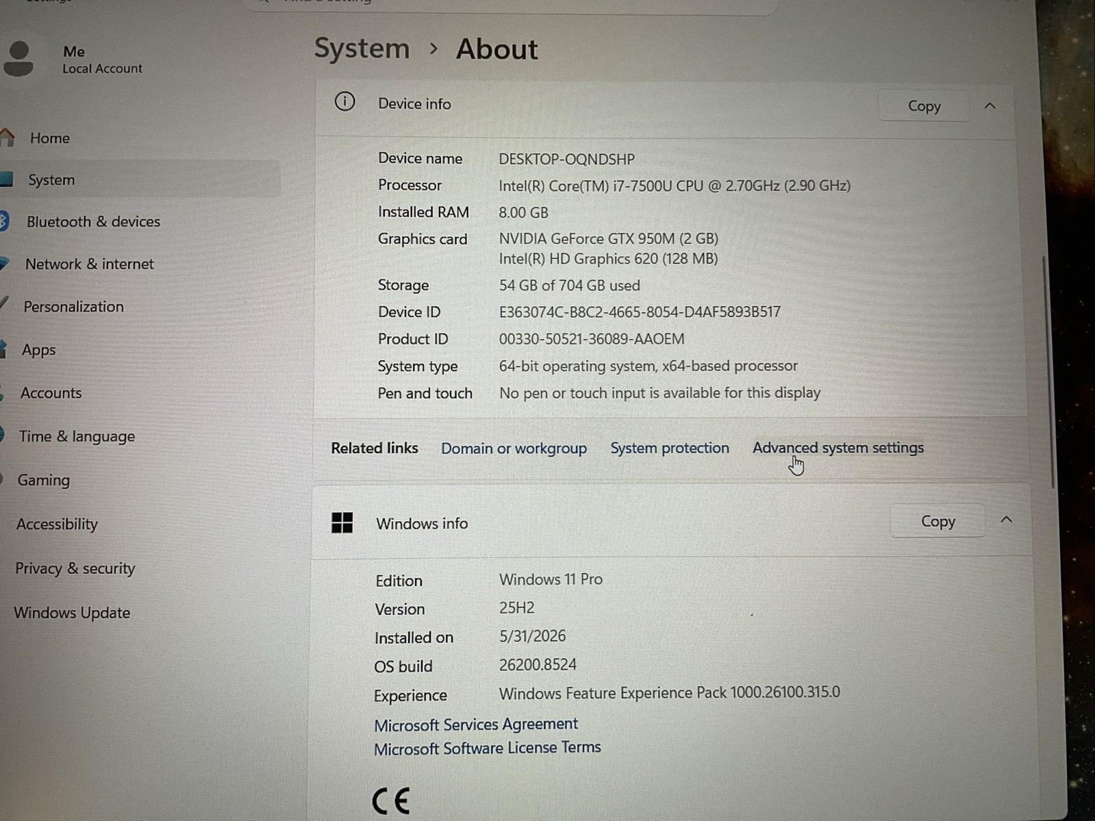 Lenovo ThinkPad E570 CPU i7, 8GB RAM, SSD 256GB, HDD 500GB, 950M 2GB, Win 11 Pro