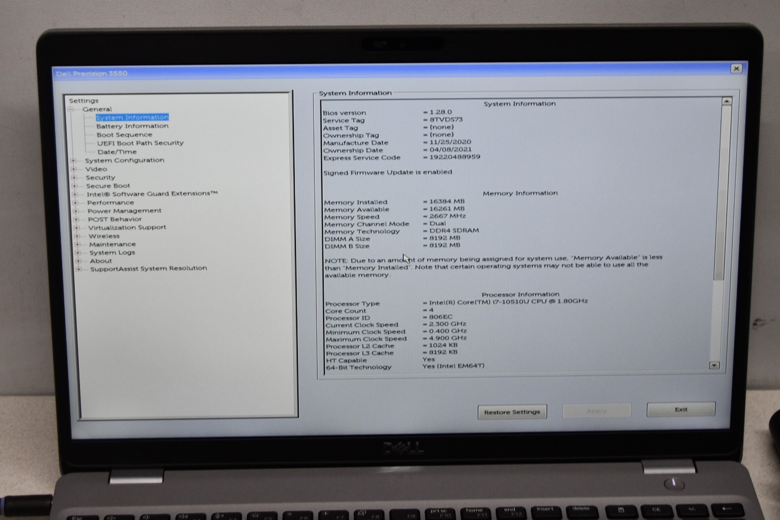 ^ Dell Precision 3550 15.6″ Intel i7-10510U @ 1.80GHz 16GB Ram No HD #X7001