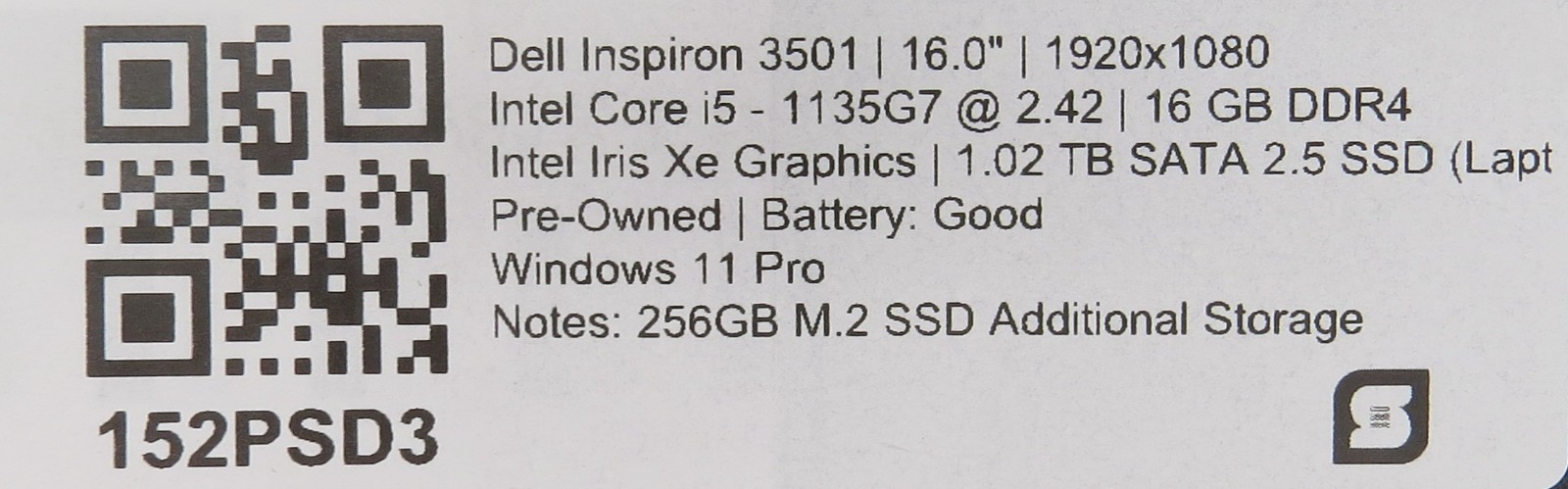 Dell Inspiron 3501 i5-1135G7 @2.42 16GB DDR4 RAM 1TB SSD Win 11 Pro w/AC
