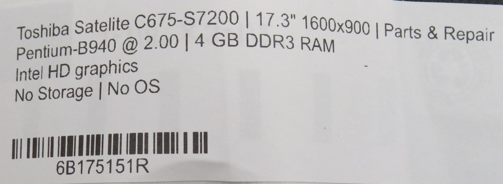 Toshiba Satellite | B940 @ 2GHz | 4GB DDR3 | 17.3″ | No HD/OS/AC | Parts