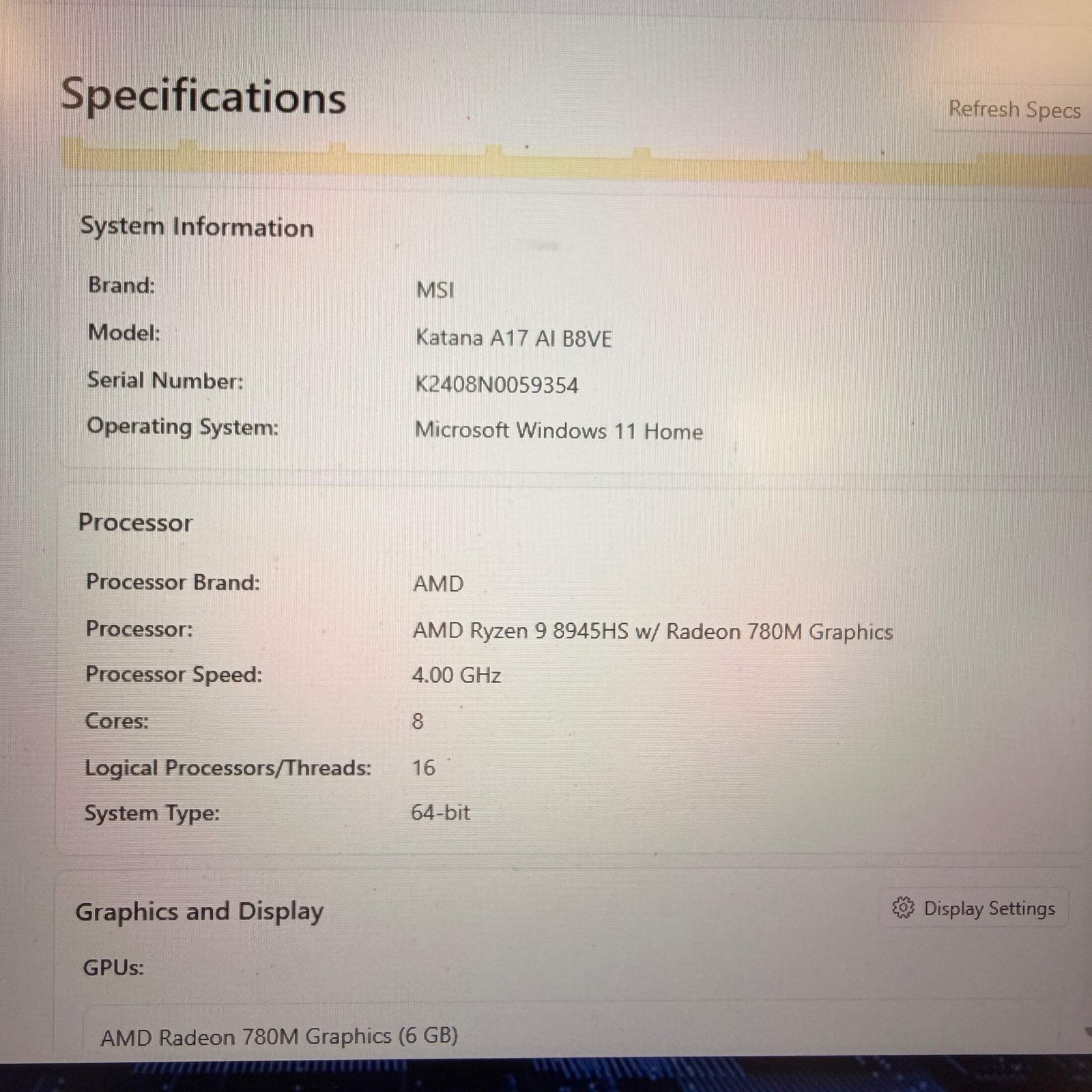 MSI Katana A17 AI B8VE 17.3″ Ryzen 9 8945HS 32GB RAM 1TB SSD GeForce RTX 4050