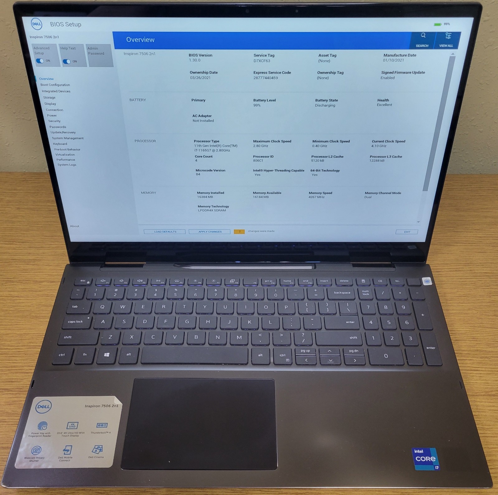 Dell Inspiron 7506 2-in-1 i7-1165G7 2.80GHz 16GB 256GB NVMe 4k Iris Max No OS