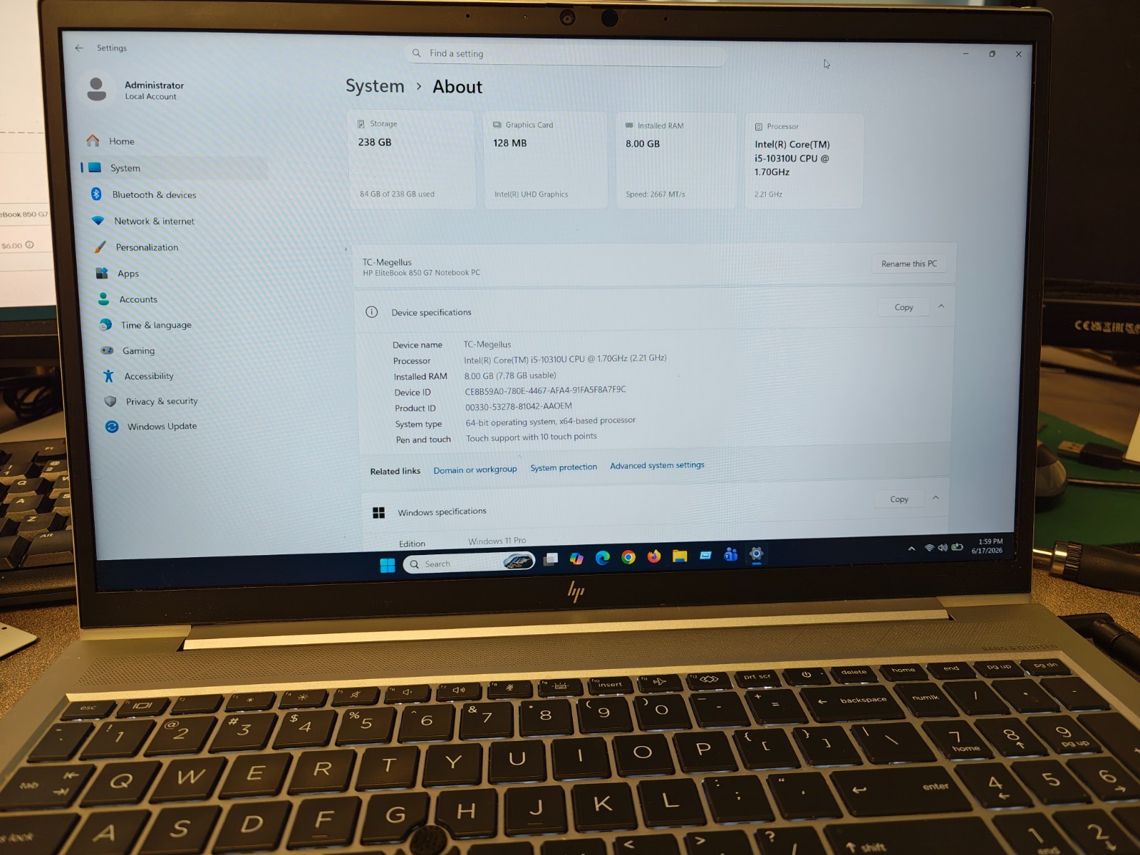 Small Dent: HP EliteBook 850 G7 i5-10210U 8GB 256GB SSD Windows 11 Pro