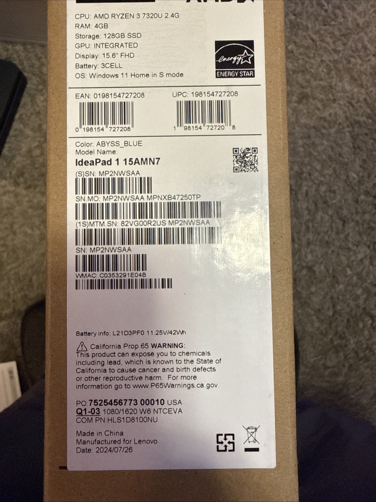New Lenovo IdeaPad 1 15.6″ FHD Laptop – AMD Ryzen 3, 4GB, 128GB SSD – Abyss Blue