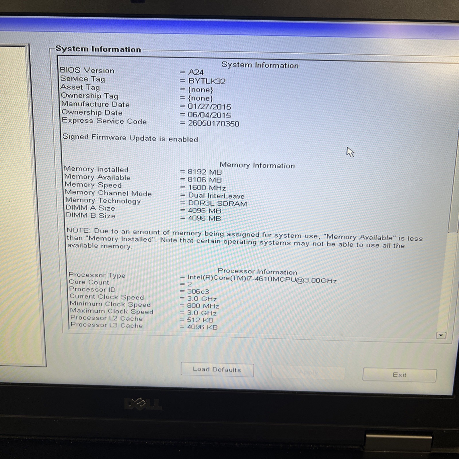 Dell Latitude E6540 i7-4610M CPU 3.0GHz 4GB RAM – No HDD/SSD No OS